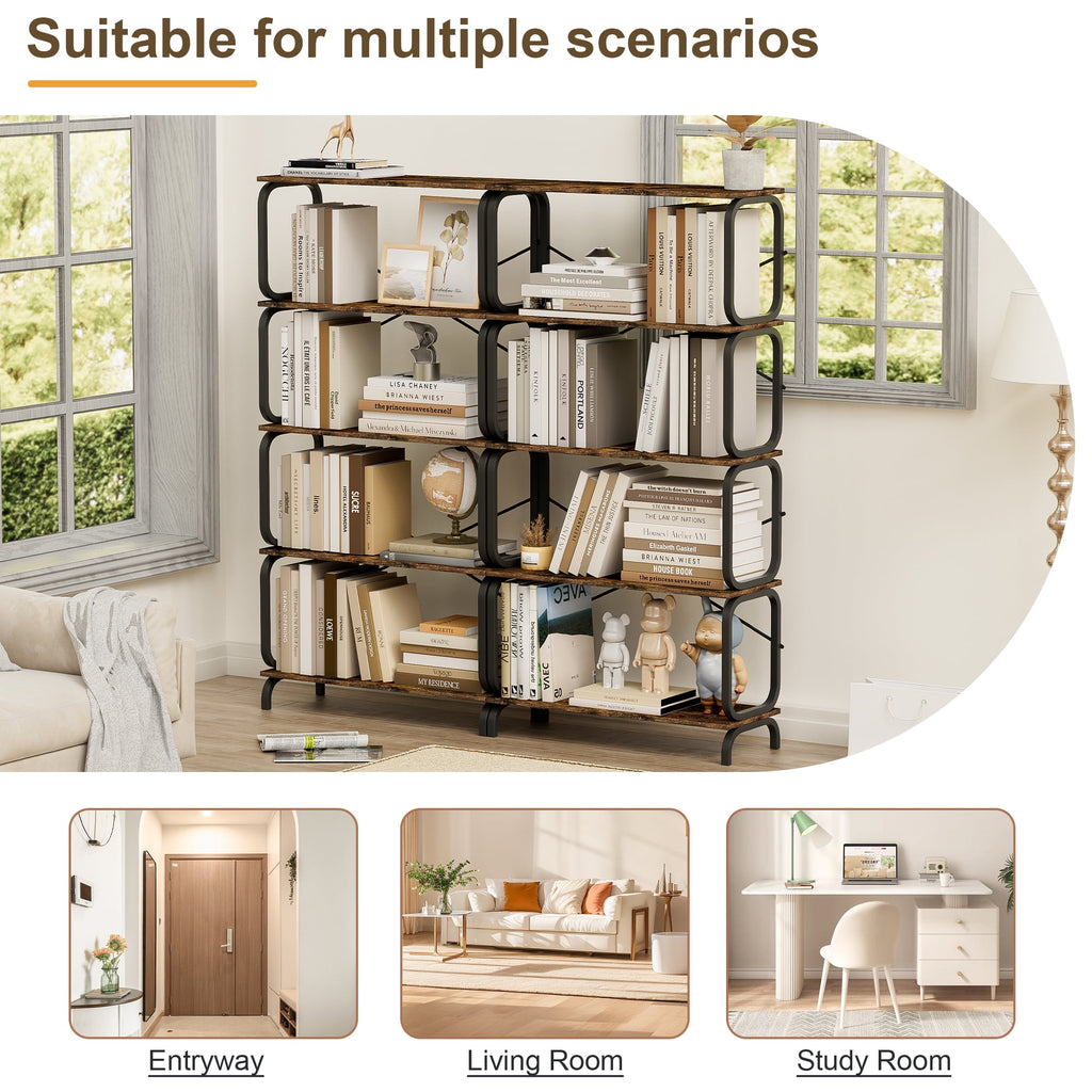 5-Tier Industrial Bookshelf, Rustic Brown Tall Bookcase with Open Wood and Metal Design, Vintage Storage Organizer for Books, CDs, Movies, Multi-Purpose Shelf for Living Room, Bedroom, Home Office
