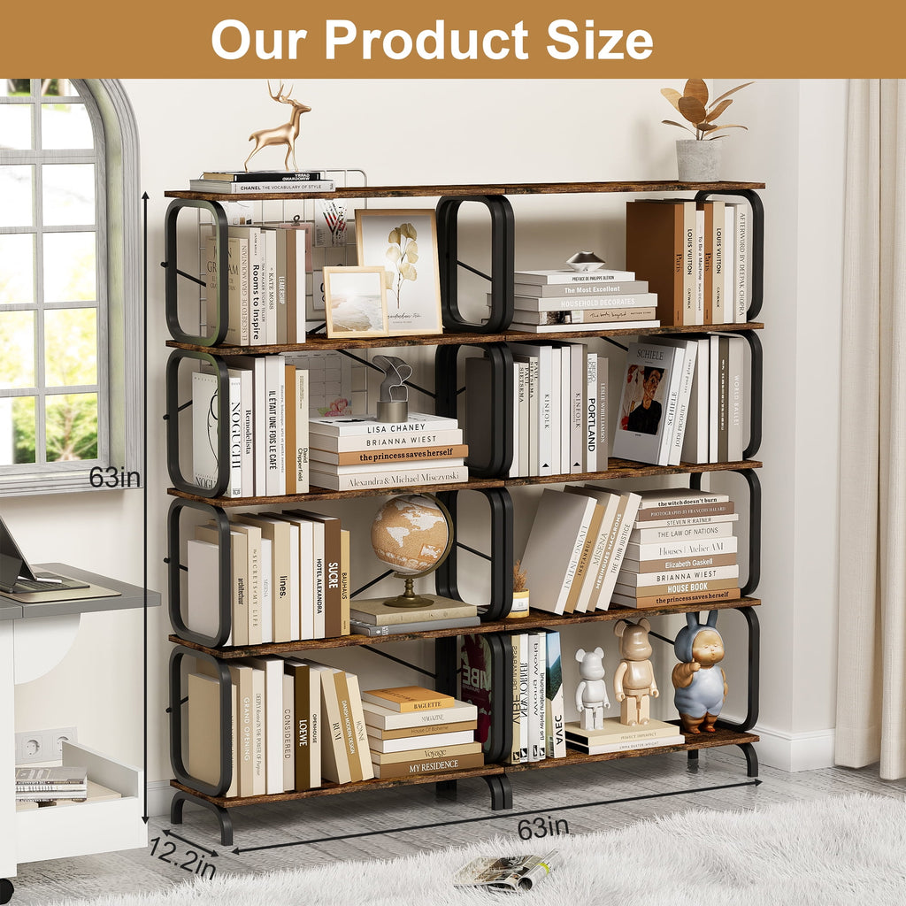 5-Tier Industrial Bookshelf, Rustic Brown Tall Bookcase with Open Wood and Metal Design, Vintage Storage Organizer for Books, CDs, Movies, Multi-Purpose Shelf for Living Room, Bedroom, Home Office