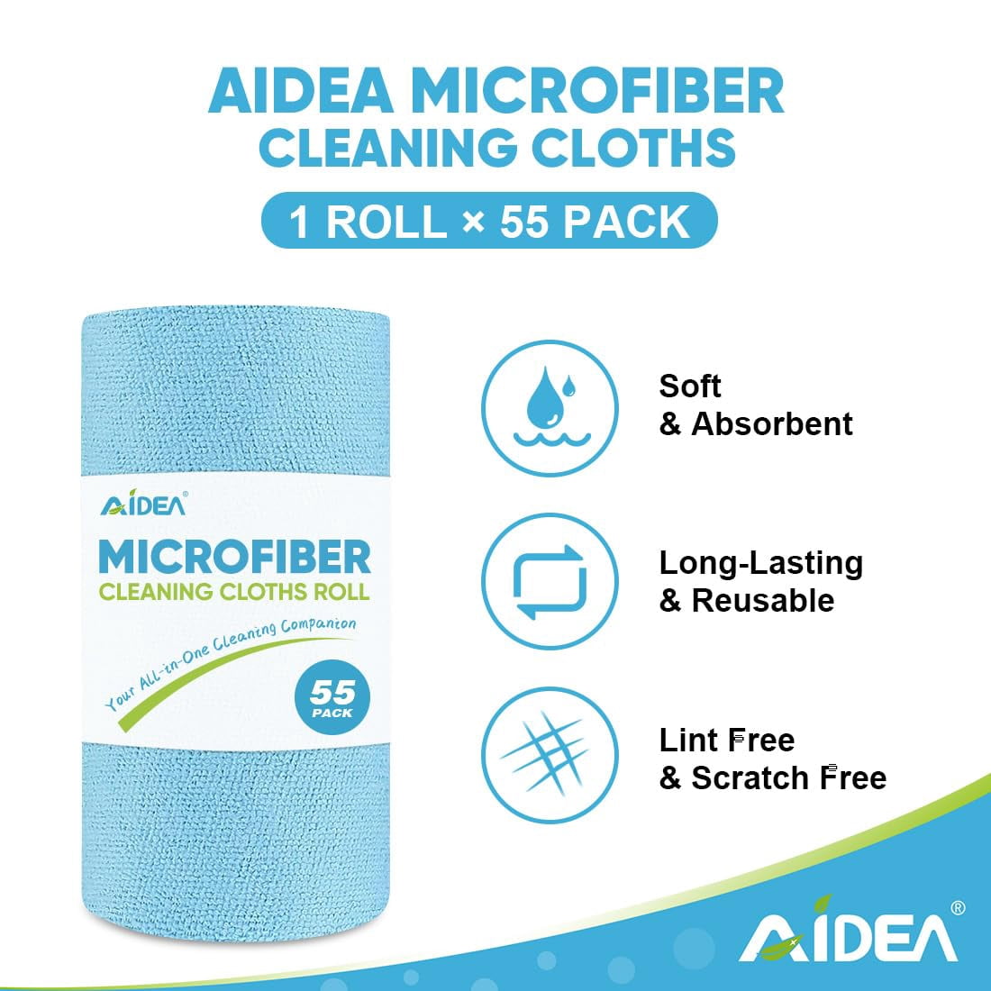 Microfiber Cleaning Cloth Roll, Blue Shop Towels 55 Sheets Washable, Microfiber Towels For Cars, Blue Rags Reusable Paper Towel For Automotive, Workshop, House, Kitchen, Cleaning Supplies11×9"