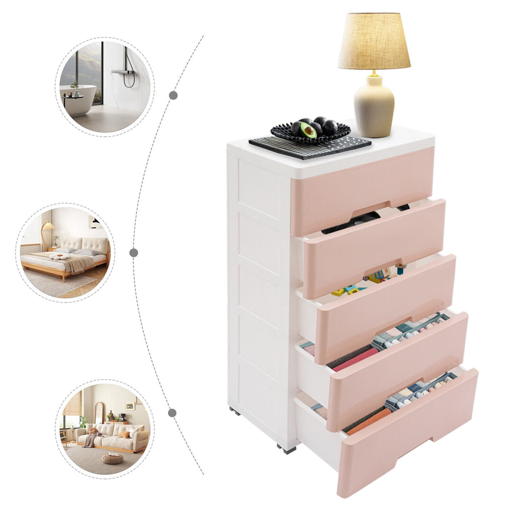 Pink Chest of Storage 5 Drawers Dresser Tower Pink Cabinet for Bedroom Organizer Unit,PP,Rectangular,17.12*11.42*31.5 inch