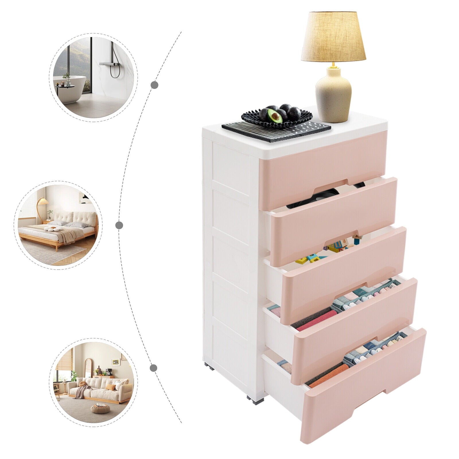 Pink Chest of Storage 5 Drawers Dresser Tower Pink Cabinet for Bedroom Organizer Unit,PP,Rectangular,17.12*11.42*31.5 inch