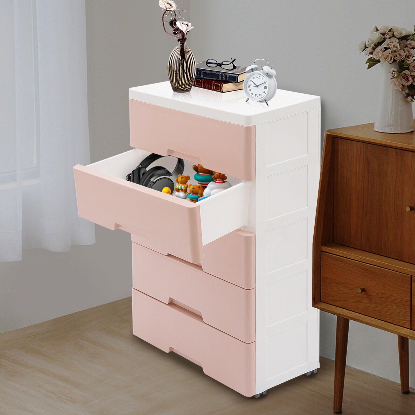 Pink Chest of Storage 5 Drawers Dresser Tower Pink Cabinet for Bedroom Organizer Unit,PP,Rectangular,17.12*11.42*31.5 inch