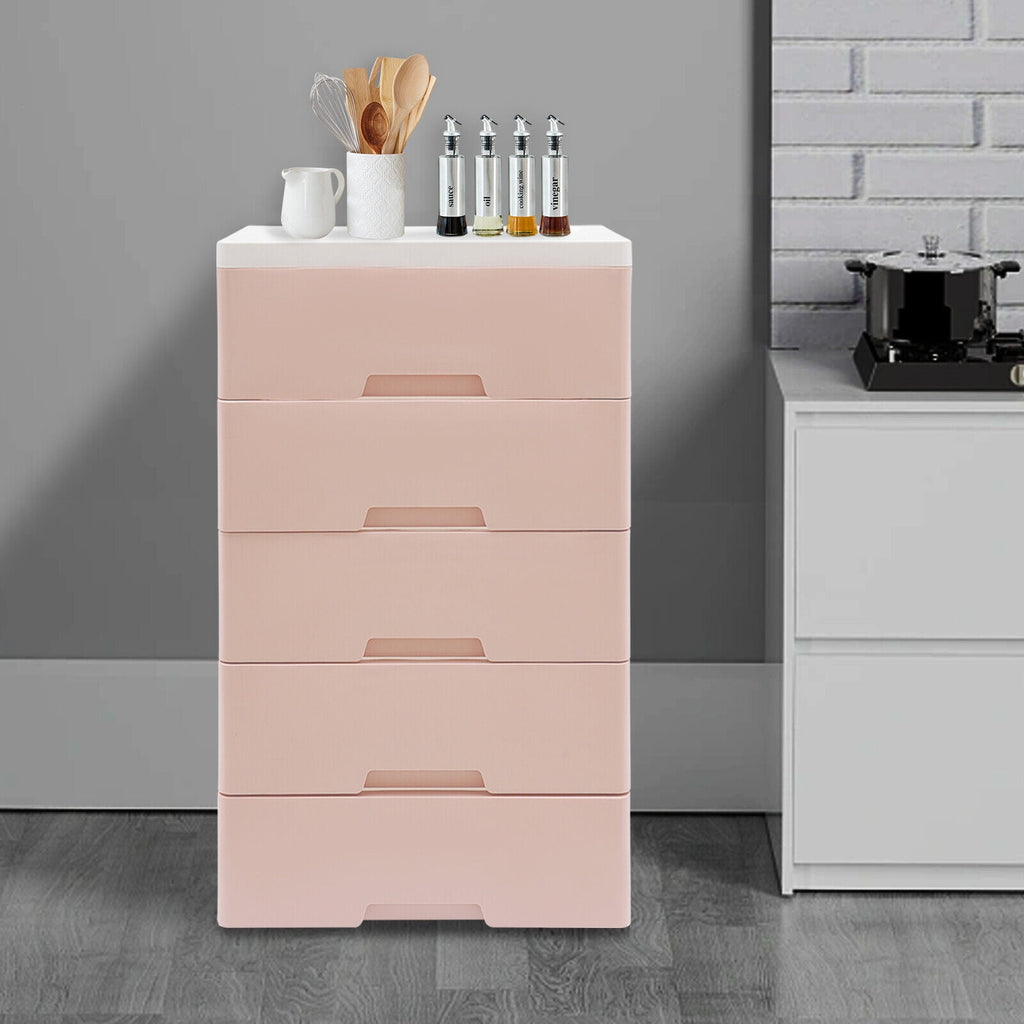 Pink Chest of Storage 5 Drawers Dresser Tower Pink Cabinet for Bedroom Organizer Unit,PP,Rectangular,17.12*11.42*31.5 inch