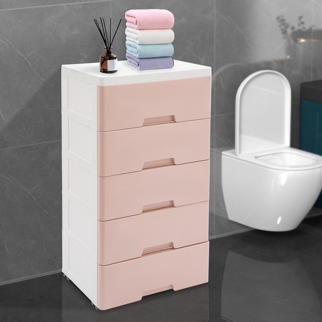 Pink Chest of Storage 5 Drawers Dresser Tower Pink Cabinet for Bedroom Organizer Unit,PP,Rectangular,17.12*11.42*31.5 inch