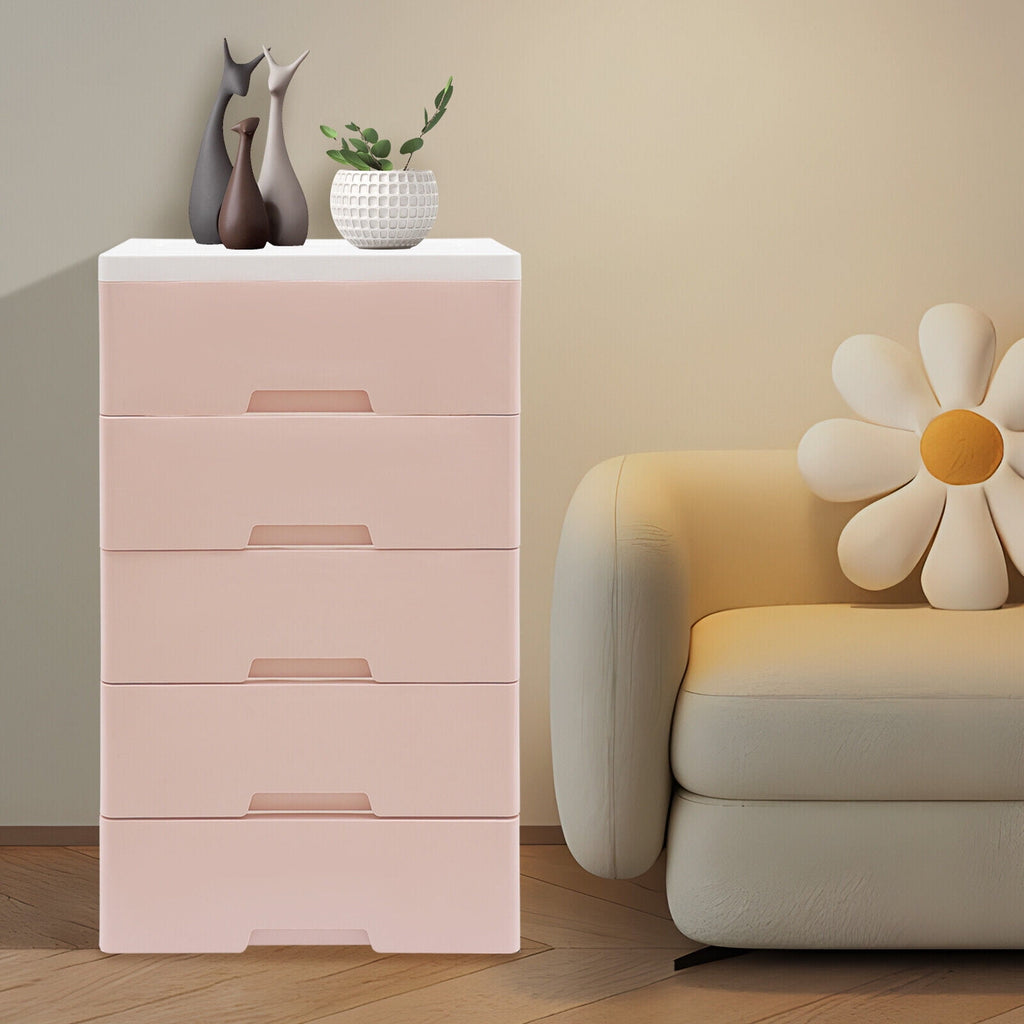Pink Chest of Storage 5 Drawers Dresser Tower Pink Cabinet for Bedroom Organizer Unit,PP,Rectangular,17.12*11.42*31.5 inch