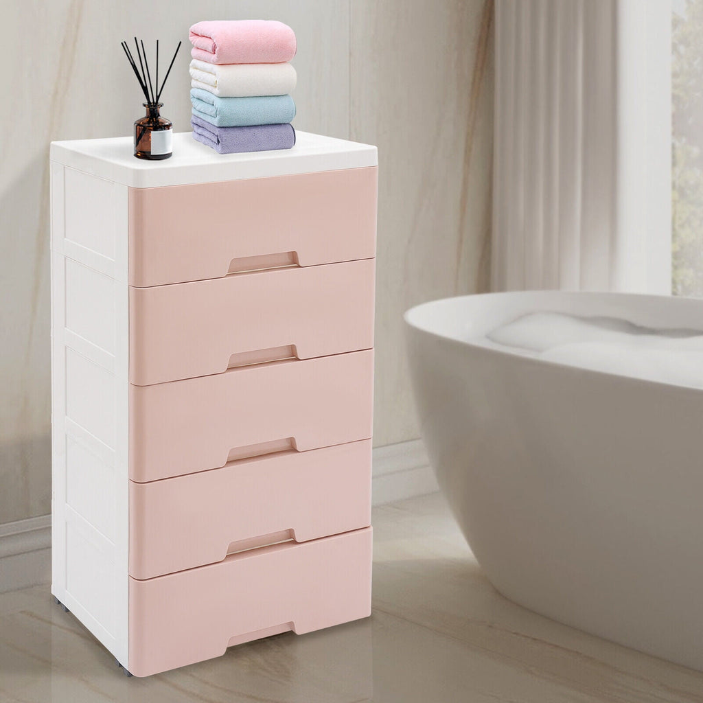 Pink Chest of Storage 5 Drawers Dresser Tower Pink Cabinet for Bedroom Organizer Unit,PP,Rectangular,17.12*11.42*31.5 inch