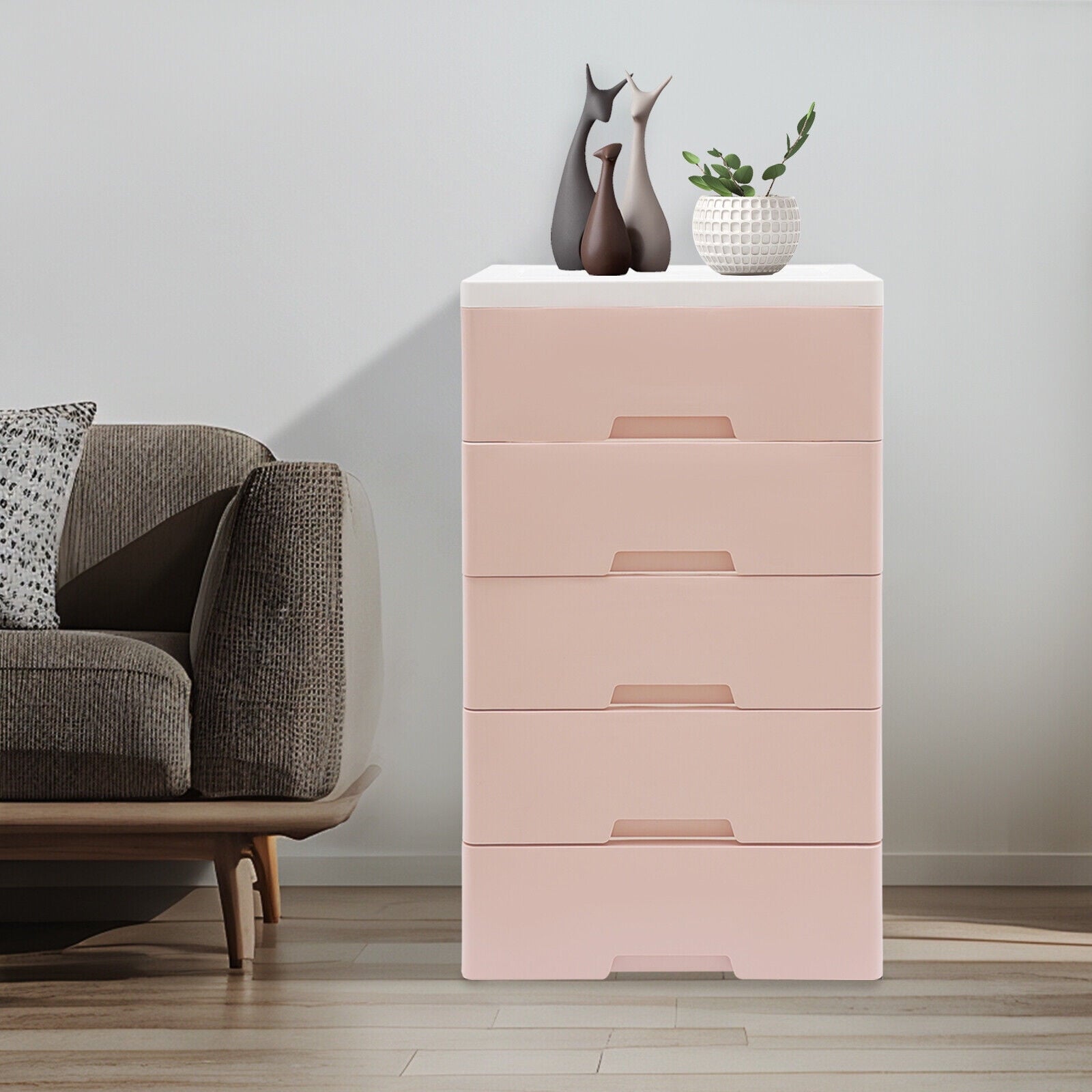 Pink Chest of Storage 5 Drawers Dresser Tower Pink Cabinet for Bedroom Organizer Unit,PP,Rectangular,17.12*11.42*31.5 inch