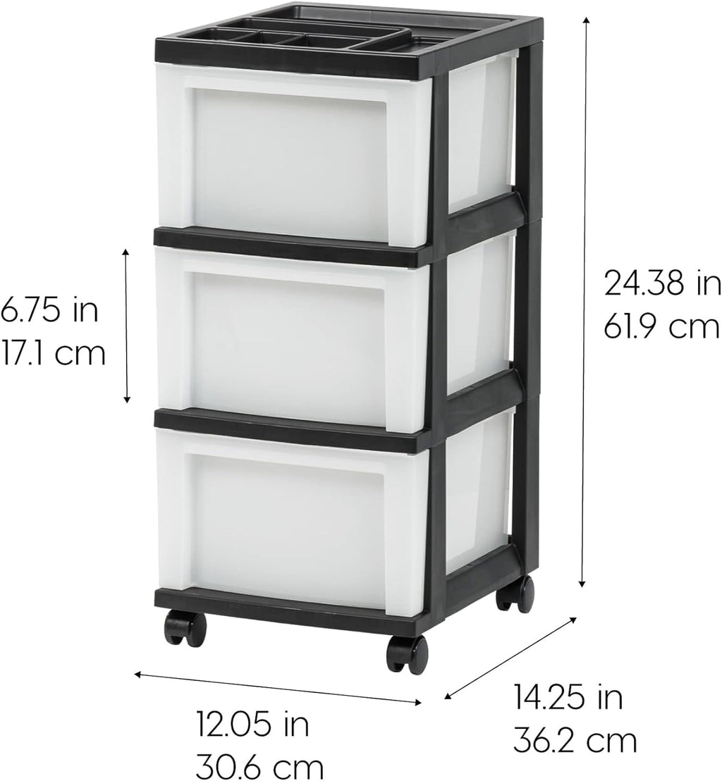 Plastic Drawer Storage Organizer Rolling Cart, with Wheels Casters, 3-Drawers, for Classroom Art Craft Supplies Dresser Closet Bathroom Laundry Room, Black/ Pearl