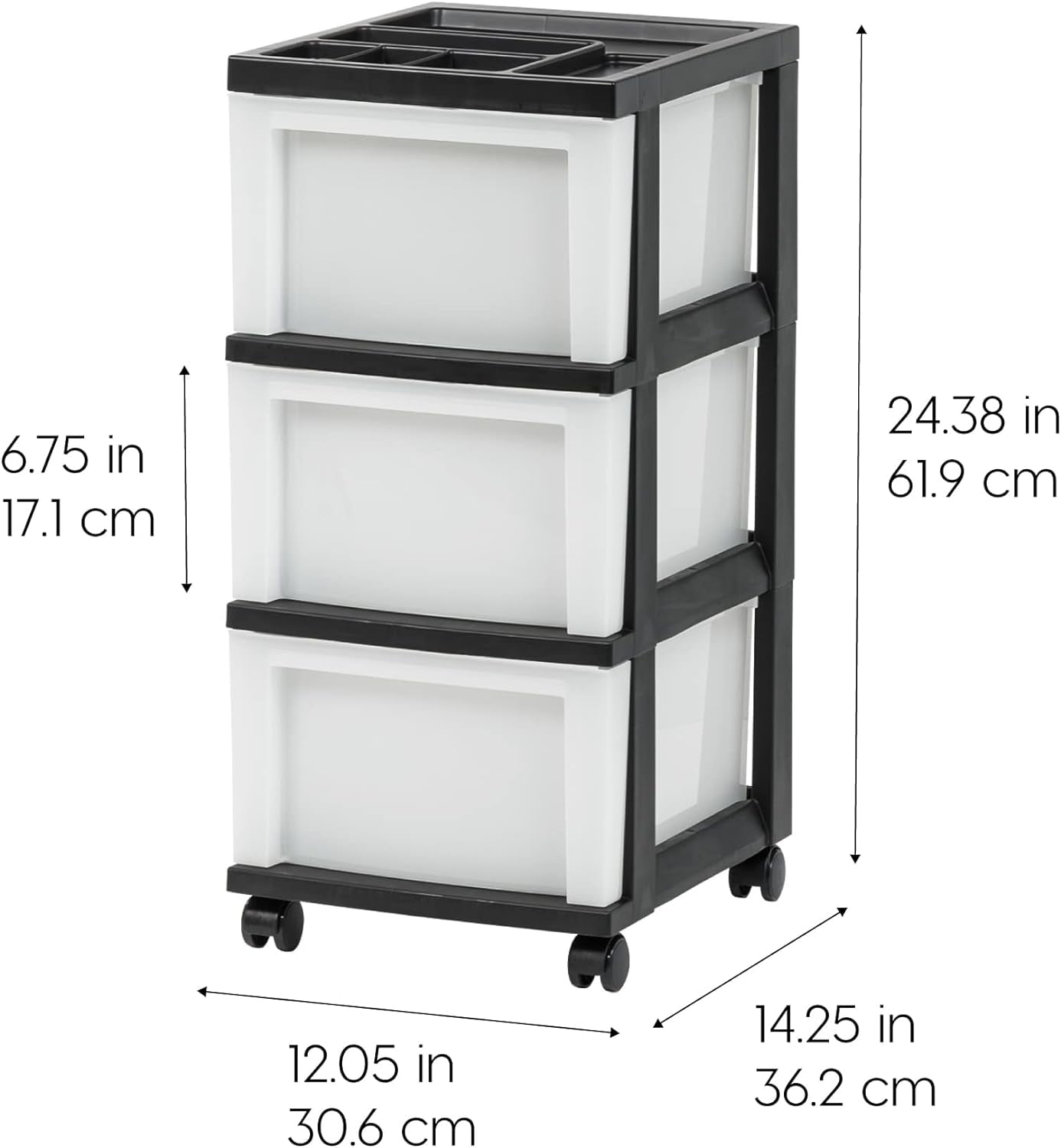 Plastic Drawer Storage Organizer Rolling Cart, with Wheels Casters, 3-Drawers, for Classroom Art Craft Supplies Dresser Closet Bathroom Laundry Room, Black/ Pearl