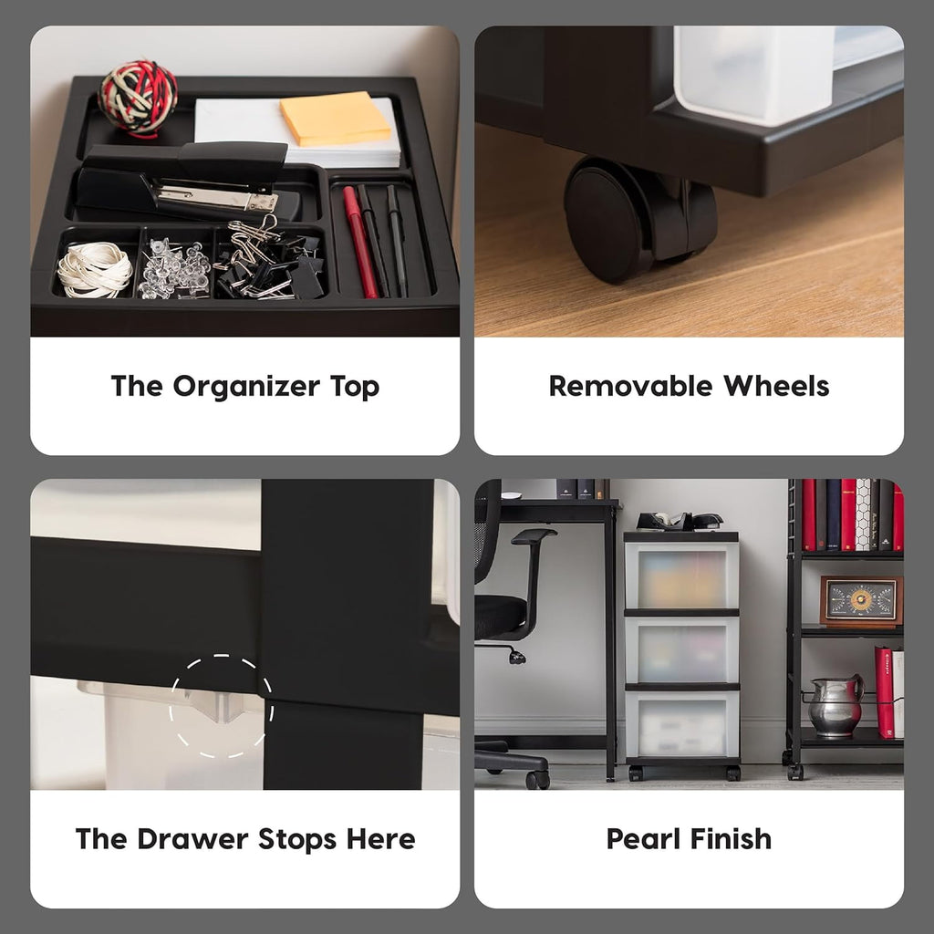 Plastic Drawer Storage Organizer Rolling Cart, with Wheels Casters, 3-Drawers, for Classroom Art Craft Supplies Dresser Closet Bathroom Laundry Room, Black/ Pearl