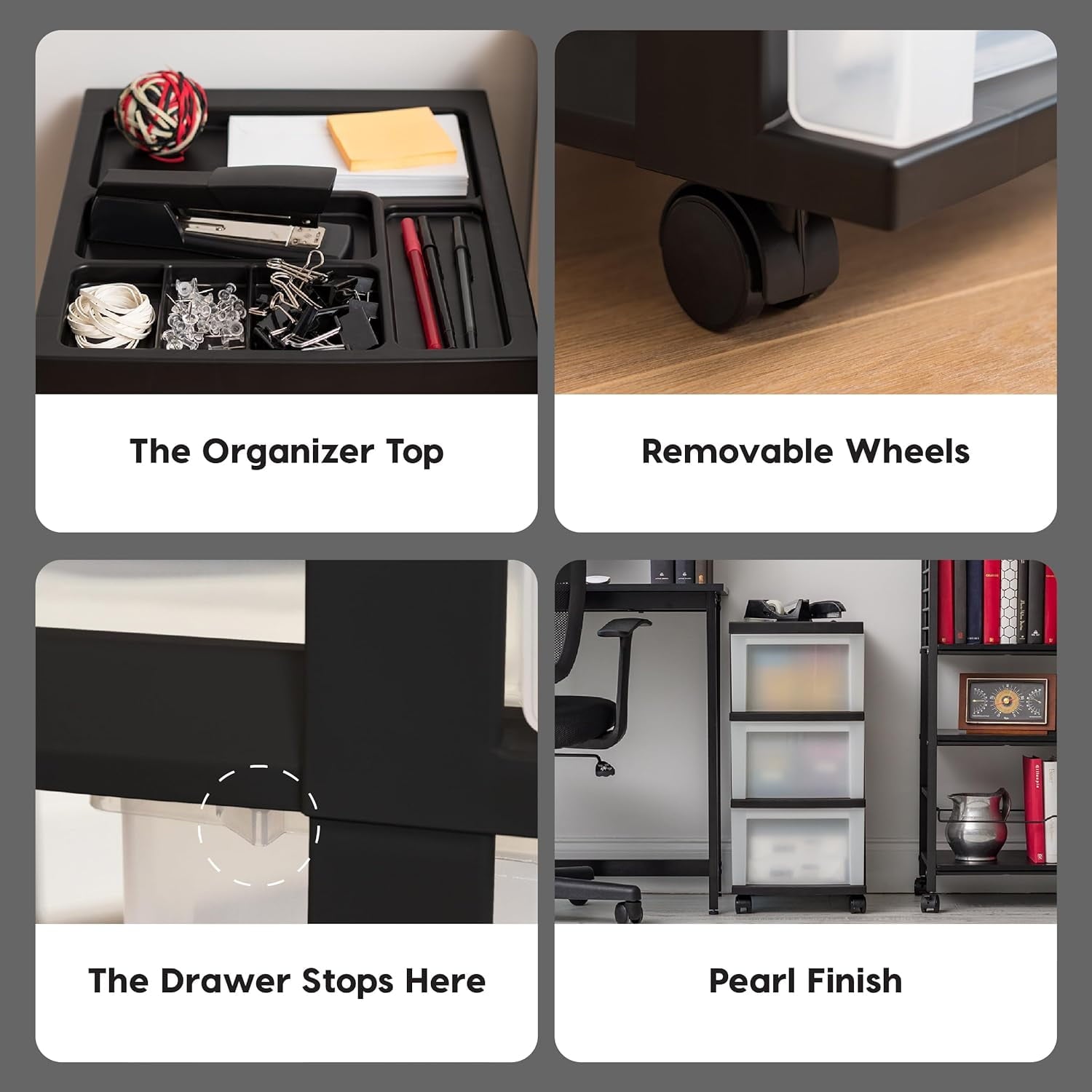 Plastic Drawer Storage Organizer Rolling Cart, with Wheels Casters, 3-Drawers, for Classroom Art Craft Supplies Dresser Closet Bathroom Laundry Room, Black/ Pearl