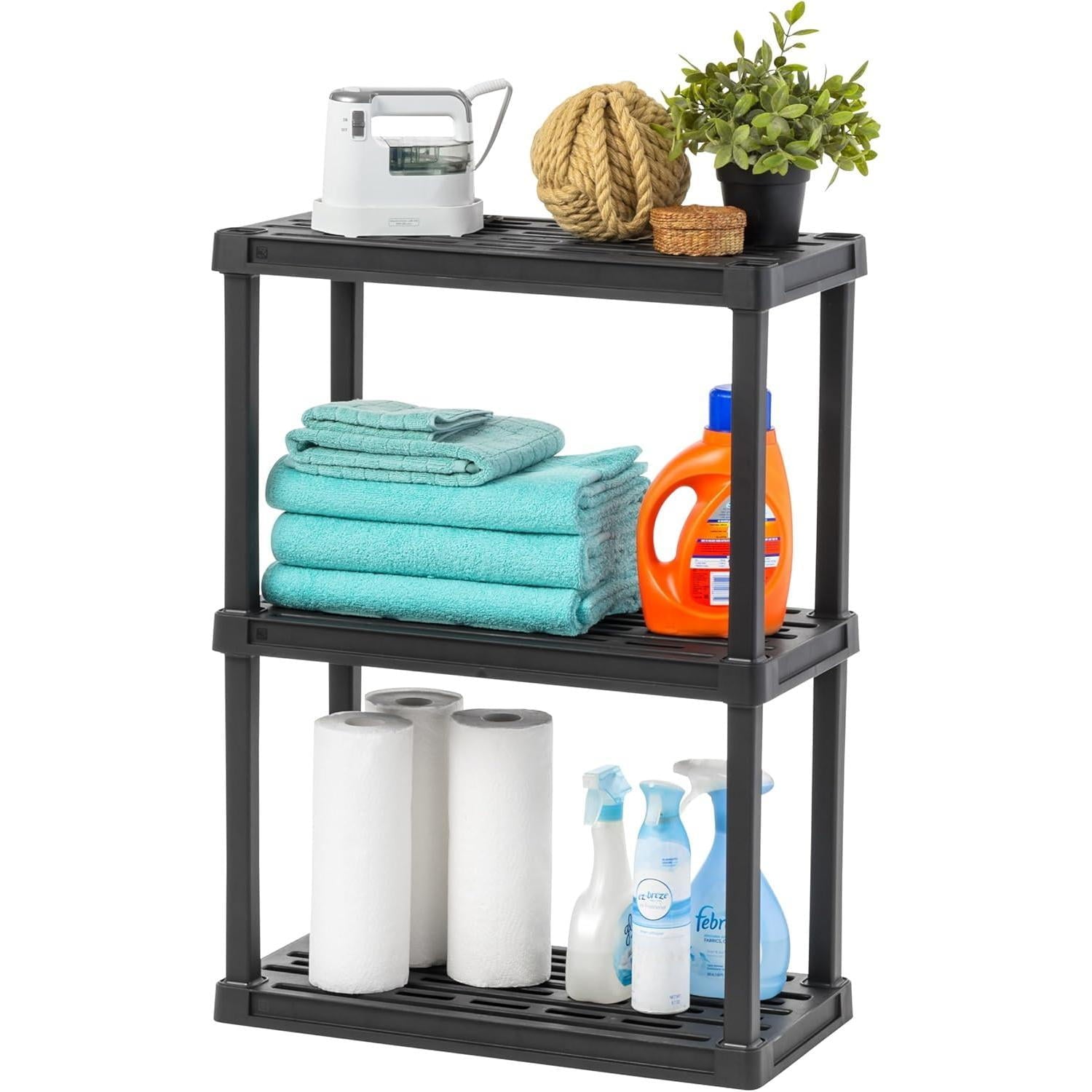 3-Shelf Heavy Duty Plastic Storage Shelves, 120lb Capacity, 33"H x 24"W x 12"D, Medium Modular Shelving Unit Storage Organizer for Garage, Home, Bathroom &amp; Laundry, Storage Rack - Black