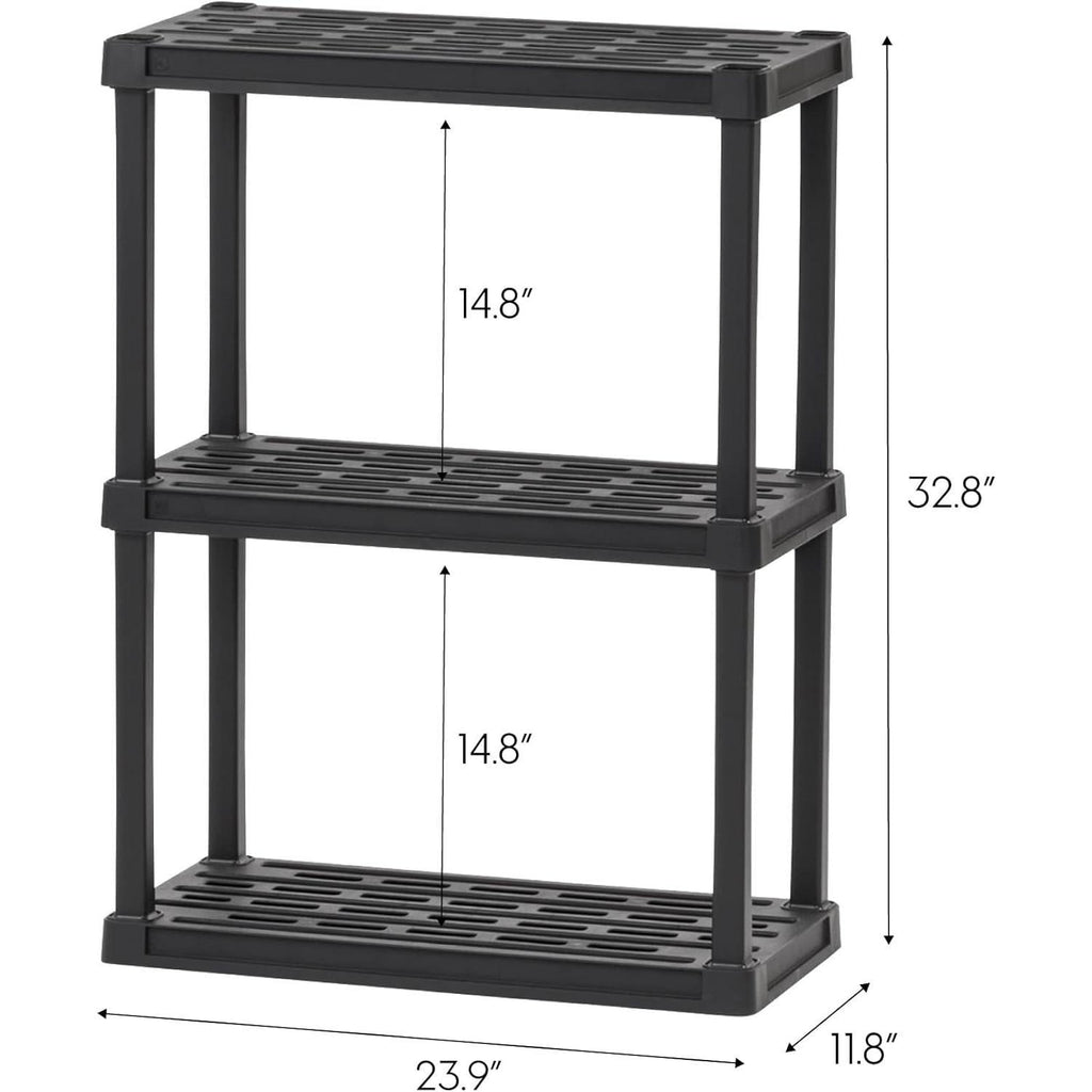 3-Shelf Heavy Duty Plastic Storage Shelves, 120lb Capacity, 33"H x 24"W x 12"D, Medium Modular Shelving Unit Storage Organizer for Garage, Home, Bathroom &amp; Laundry, Storage Rack - Black