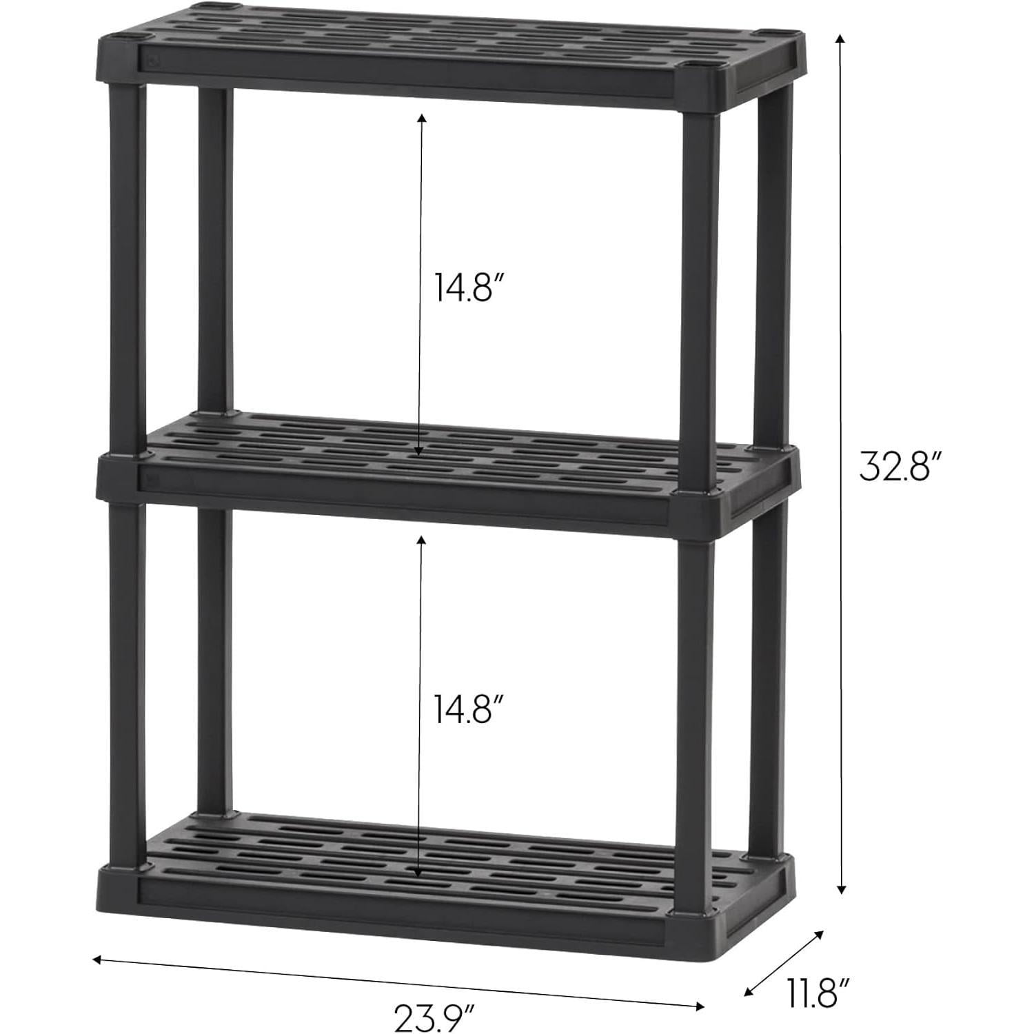 3-Shelf Heavy Duty Plastic Storage Shelves, 120lb Capacity, 33"H x 24"W x 12"D, Medium Modular Shelving Unit Storage Organizer for Garage, Home, Bathroom &amp; Laundry, Storage Rack - Black