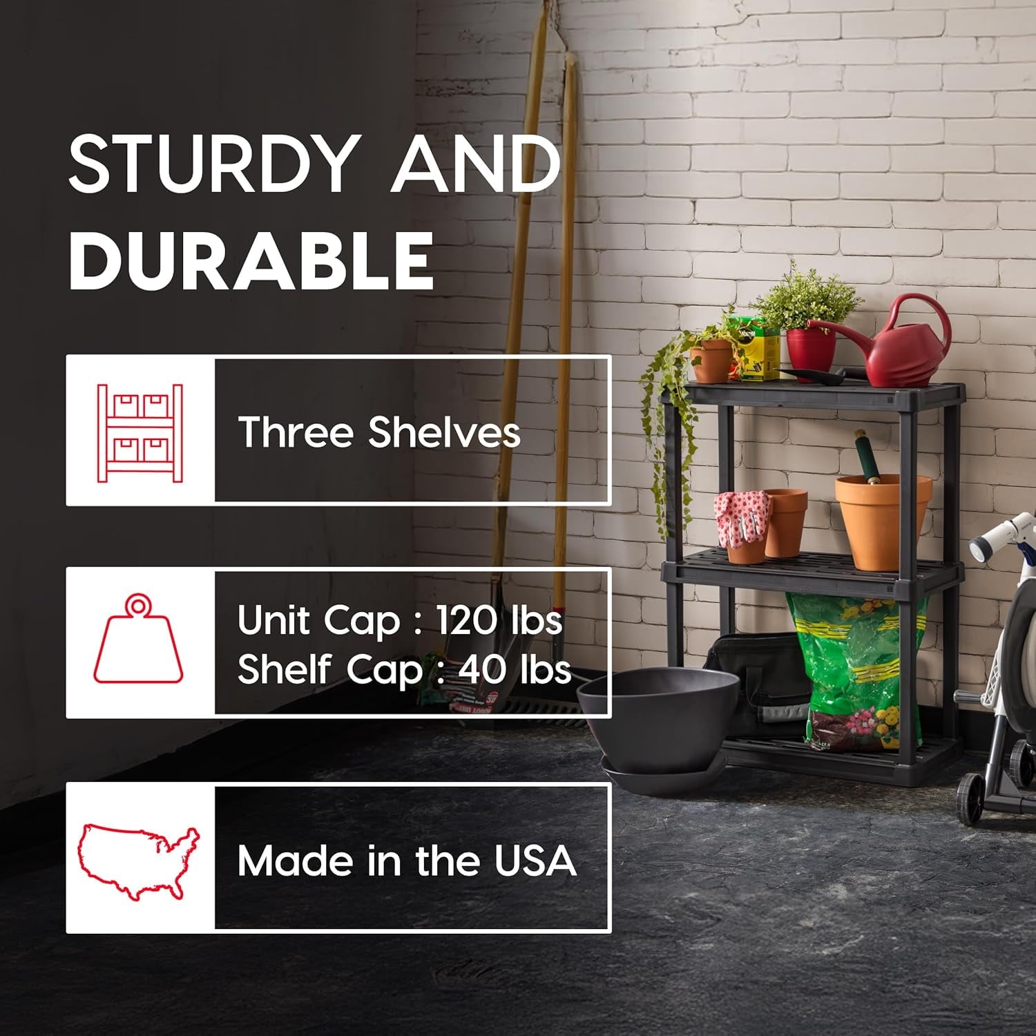 3-Shelf Heavy Duty Plastic Storage Shelves, 120lb Capacity, 33"H x 24"W x 12"D, Medium Modular Shelving Unit Storage Organizer for Garage, Home, Bathroom &amp; Laundry, Storage Rack - Black