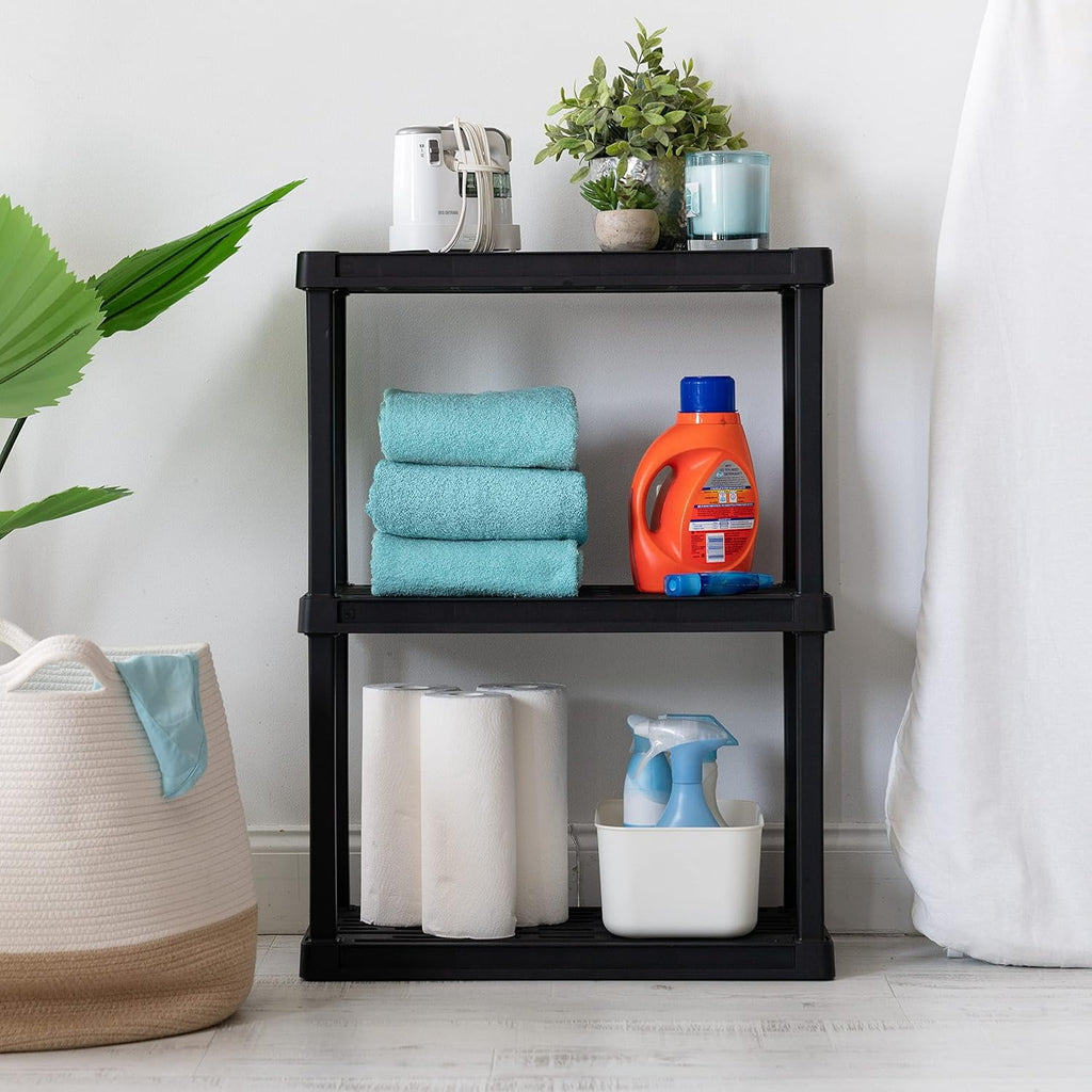3-Shelf Heavy Duty Plastic Storage Shelves, 120lb Capacity, 33"H x 24"W x 12"D, Medium Modular Shelving Unit Storage Organizer for Garage, Home, Bathroom &amp; Laundry, Storage Rack - Black