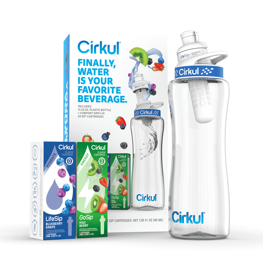 32oz Plastic Starter Kit with Navy Blue Lid, 2 Flavor Cartridges (Blueberry Grape &amp; Kiwi Berry)