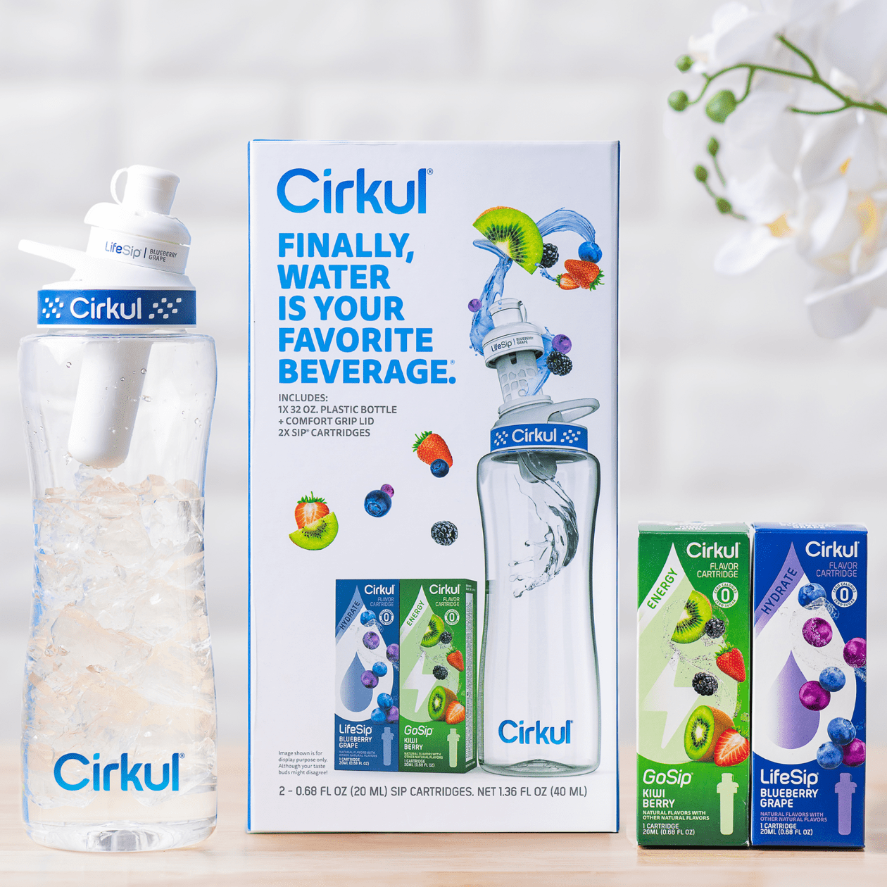 32oz Plastic Starter Kit with Navy Blue Lid, 2 Flavor Cartridges (Blueberry Grape &amp; Kiwi Berry)