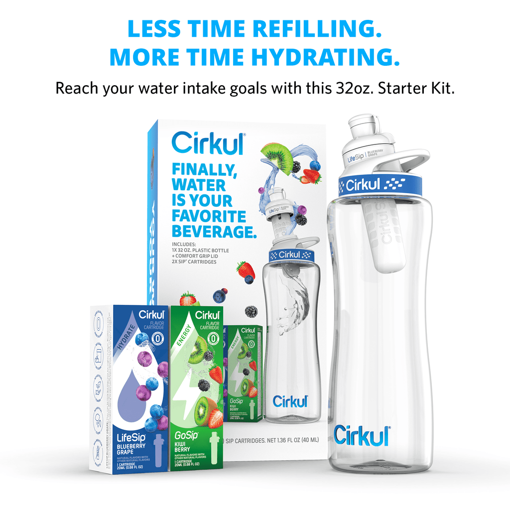 32oz Plastic Starter Kit with Navy Blue Lid, 2 Flavor Cartridges (Blueberry Grape &amp; Kiwi Berry)
