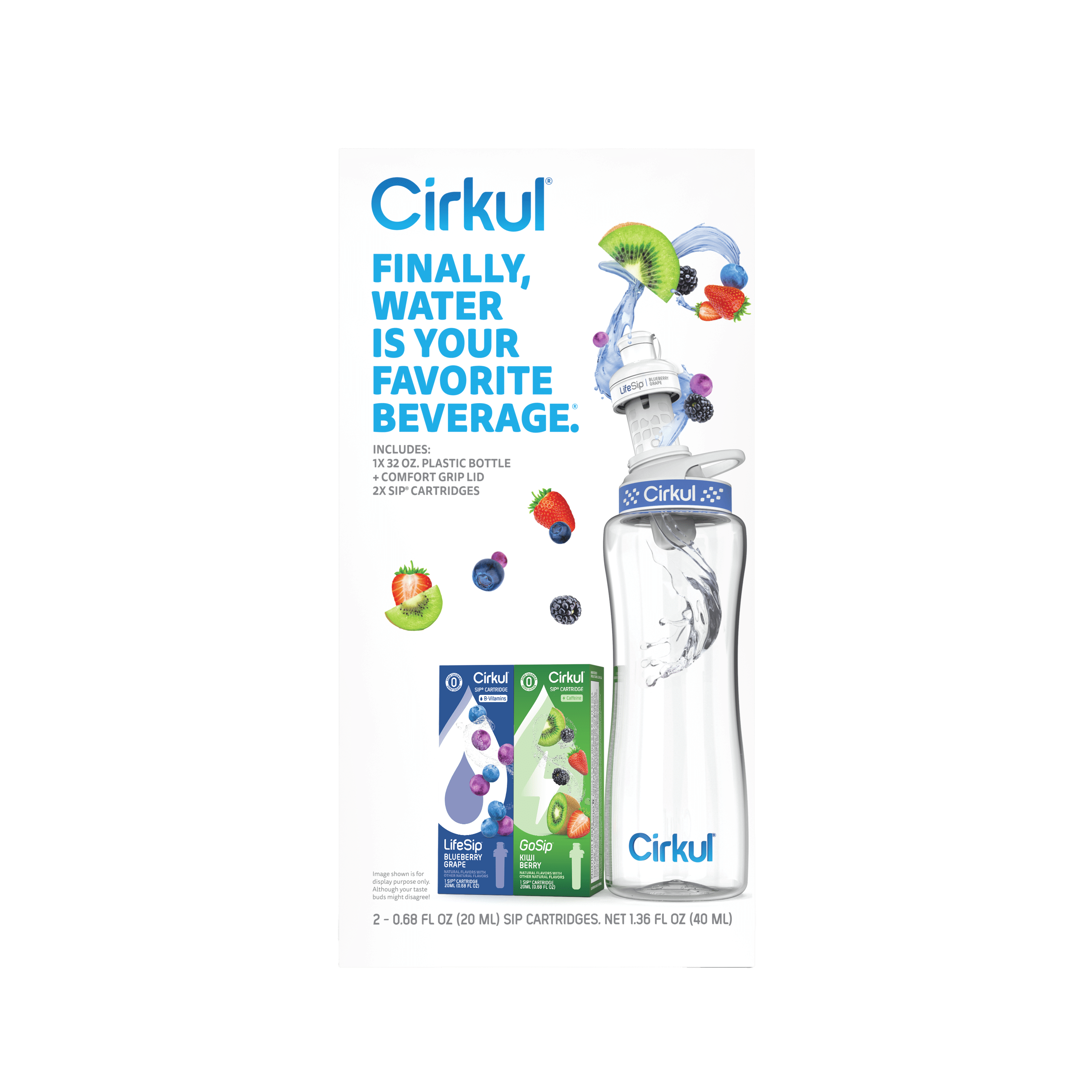 32oz Plastic Starter Kit with Navy Blue Lid, 2 Flavor Cartridges (Blueberry Grape &amp; Kiwi Berry)
