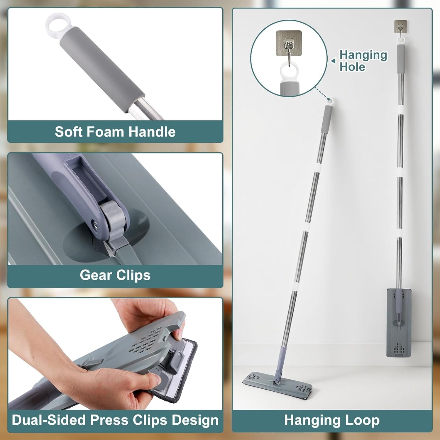 Flat Mop with 3 Pads, Microfiber Mops for Floor Cleaning Adjustable Handle,Wet Dry Use on Laminate Wood Tile Vinyl Wall Mopping Bathroom Kitchen Household Supplies