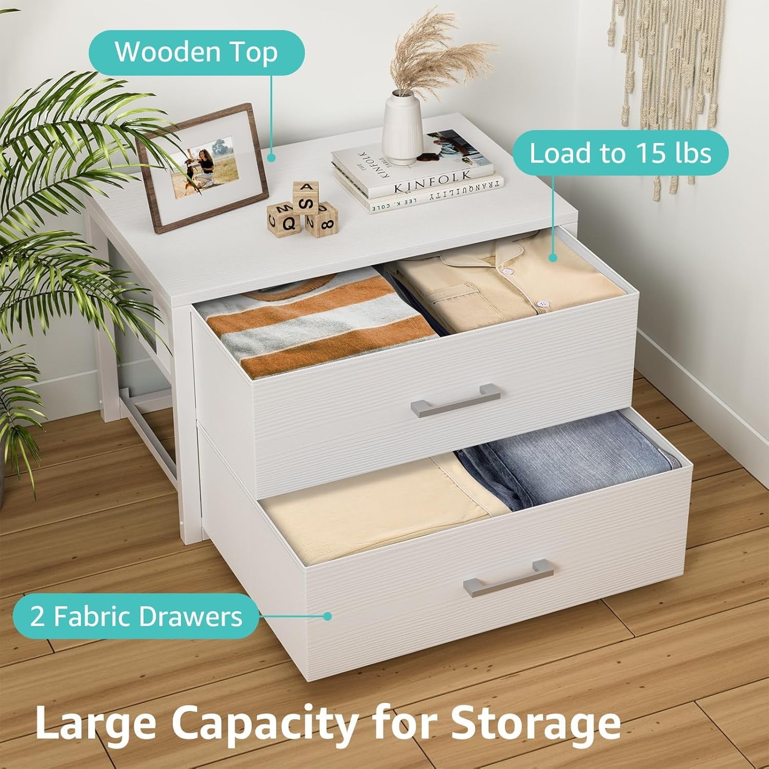 Stackable Storage Drawers Closet Organizers and Storage Bins Fabric White 2 Drawer Dresser for Bedroom Office Modern