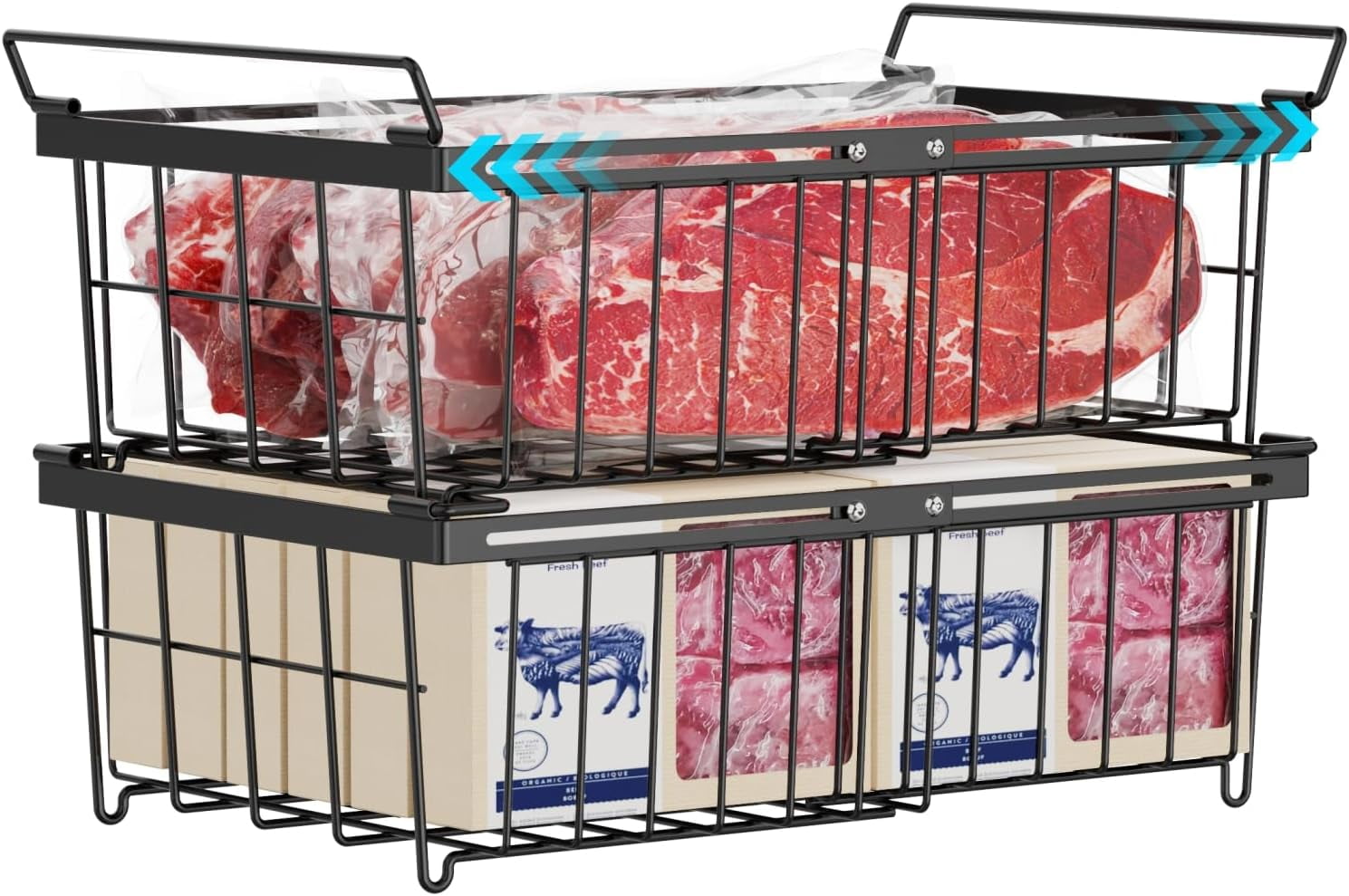 Freezer Organizer Bins - Fit 10 to 20 Cu Ft Chest Freezer, 2 Pack Large Expandable Stackable Deep Freezer Organizer Bins Sort and Easily Get Food without Digging in the Freezer, Black