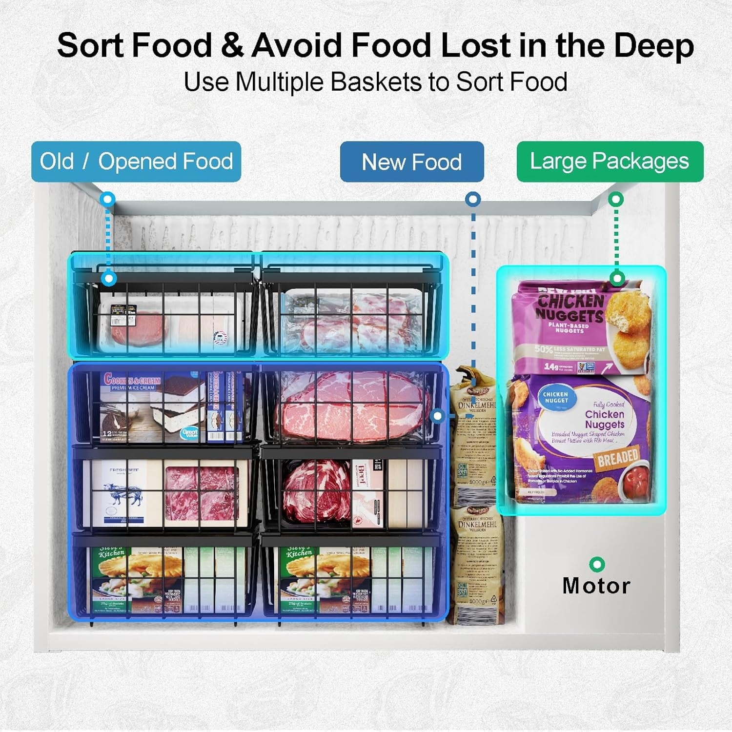 Freezer Organizer Bins - Fit 10 to 20 Cu Ft Chest Freezer, 2 Pack Large Expandable Stackable Deep Freezer Organizer Bins Sort and Easily Get Food without Digging in the Freezer, Black