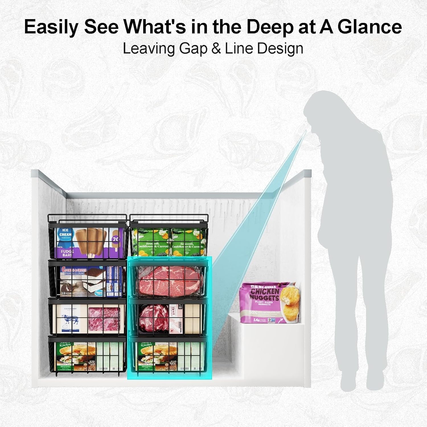 Freezer Organizer Bins - Fit 10 to 20 Cu Ft Chest Freezer, 2 Pack Large Expandable Stackable Deep Freezer Organizer Bins Sort and Easily Get Food without Digging in the Freezer, Black