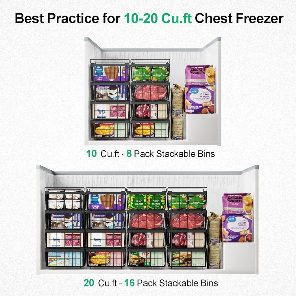 Freezer Organizer Bins - Fit 10 to 20 Cu Ft Chest Freezer, 2 Pack Large Expandable Stackable Deep Freezer Organizer Bins Sort and Easily Get Food without Digging in the Freezer, Black