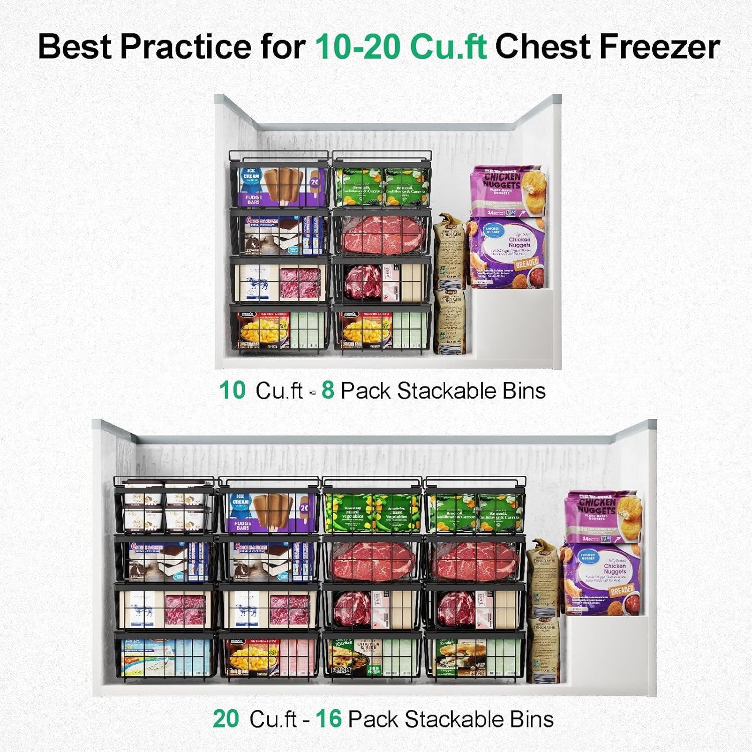 Freezer Organizer Bins - Fit 10 to 20 Cu Ft Chest Freezer, 2 Pack Large Expandable Stackable Deep Freezer Organizer Bins Sort and Easily Get Food without Digging in the Freezer, Black