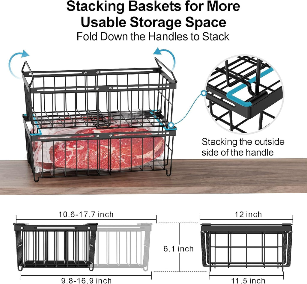 Freezer Organizer Bins - Fit 10 to 20 Cu Ft Chest Freezer, 2 Pack Large Expandable Stackable Deep Freezer Organizer Bins Sort and Easily Get Food without Digging in the Freezer, Black