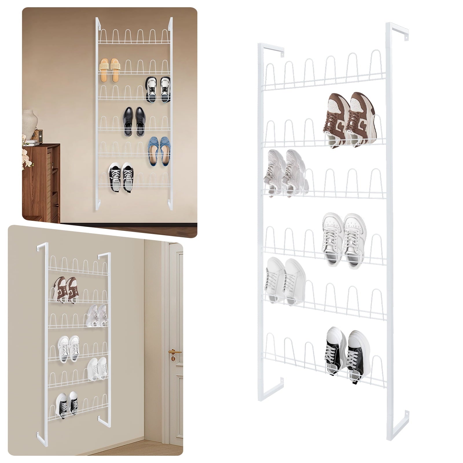 6 Tiers Metal Shoe Organizer, Wall Mounted Shoe Rack, Metal Hanging Shoe Rack White