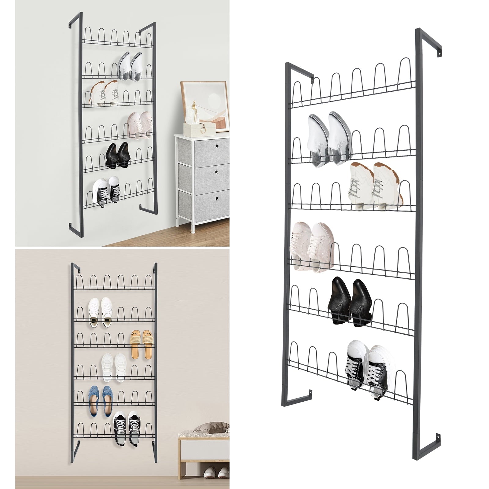 6 Tiers Metal Shoe Organizer, Wall Mounted Shoe Rack, Metal Hanging Shoe Rack White