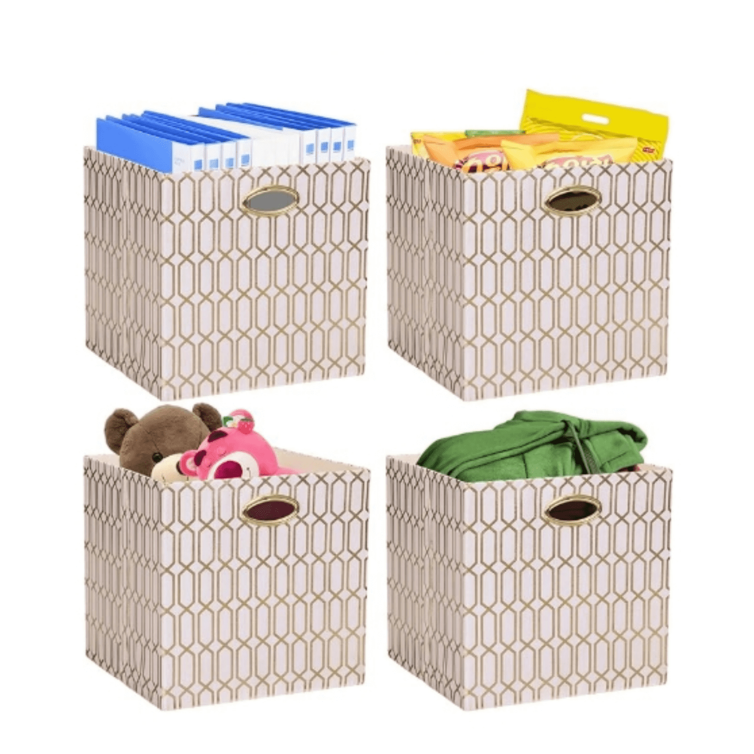 Storage Bins, Storage Cubes,13×13 Fabric Drawers Organizer Basket Boxes Containers (13×13×13/4pcs, Cream/gold geometry Pattern)