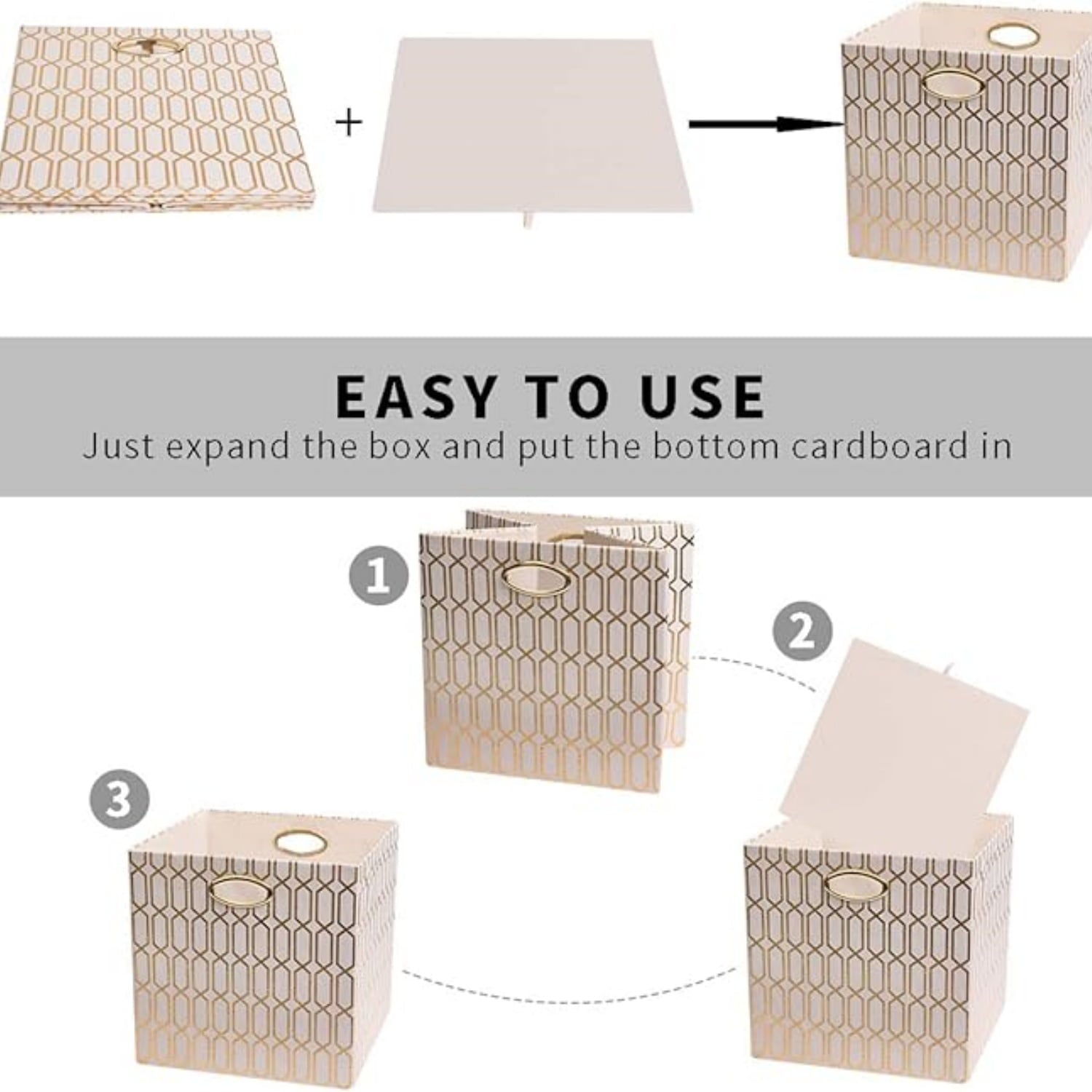 Storage Bins, Storage Cubes,13×13 Fabric Drawers Organizer Basket Boxes Containers (13×13×13/4pcs, Cream/gold geometry Pattern)