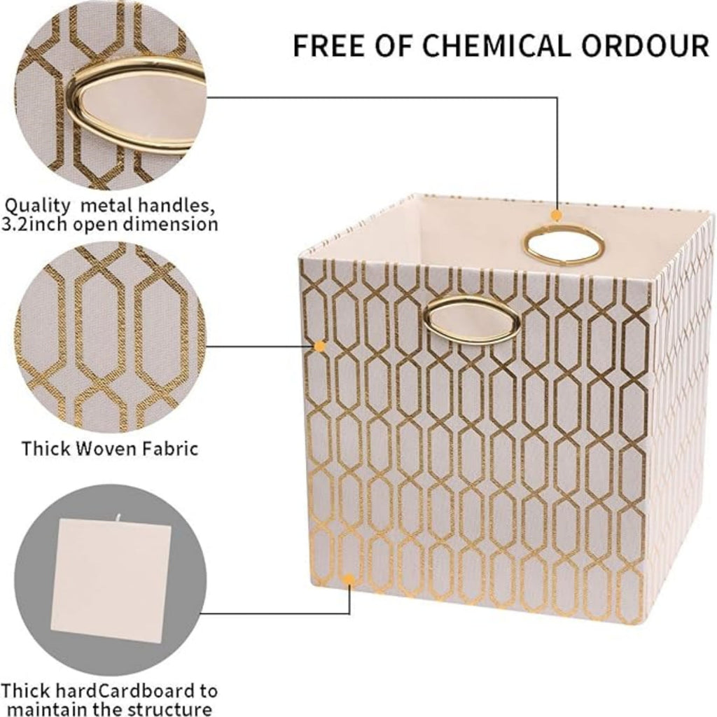 Storage Bins, Storage Cubes,13×13 Fabric Drawers Organizer Basket Boxes Containers (13×13×13/4pcs, Cream/gold geometry Pattern)