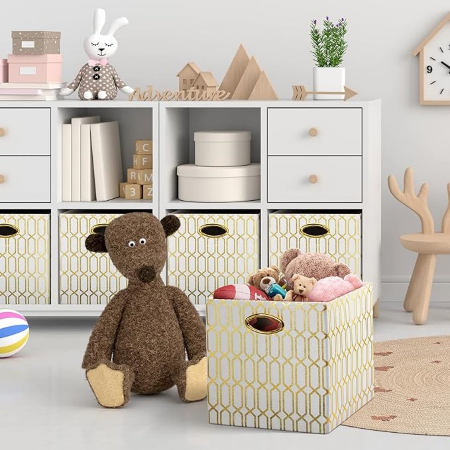 Storage Bins, Storage Cubes,13×13 Fabric Drawers Organizer Basket Boxes Containers (13×13×13/4pcs, Cream/gold geometry Pattern)
