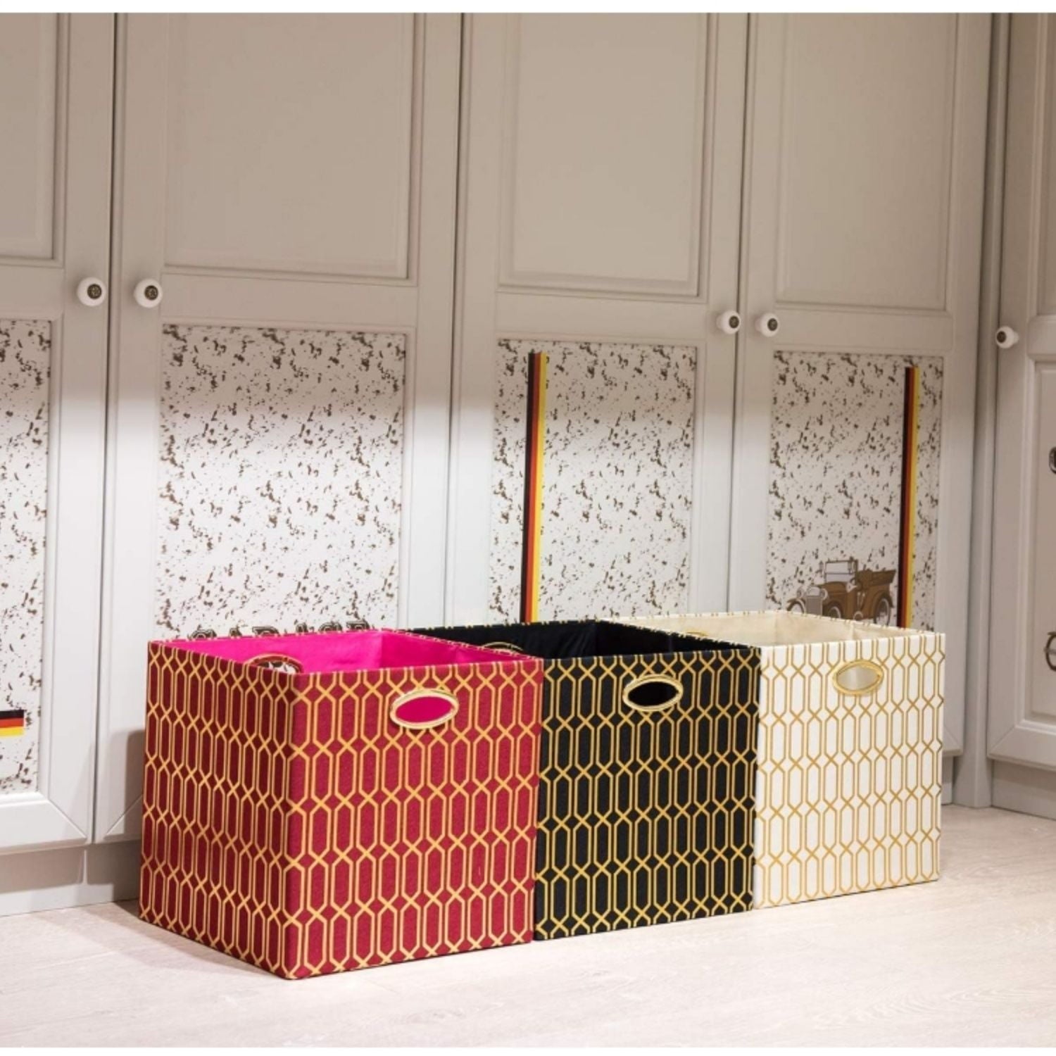 Storage Bins, Storage Cubes,13×13 Fabric Drawers Organizer Basket Boxes Containers (13×13×13/4pcs, Cream/gold geometry Pattern)