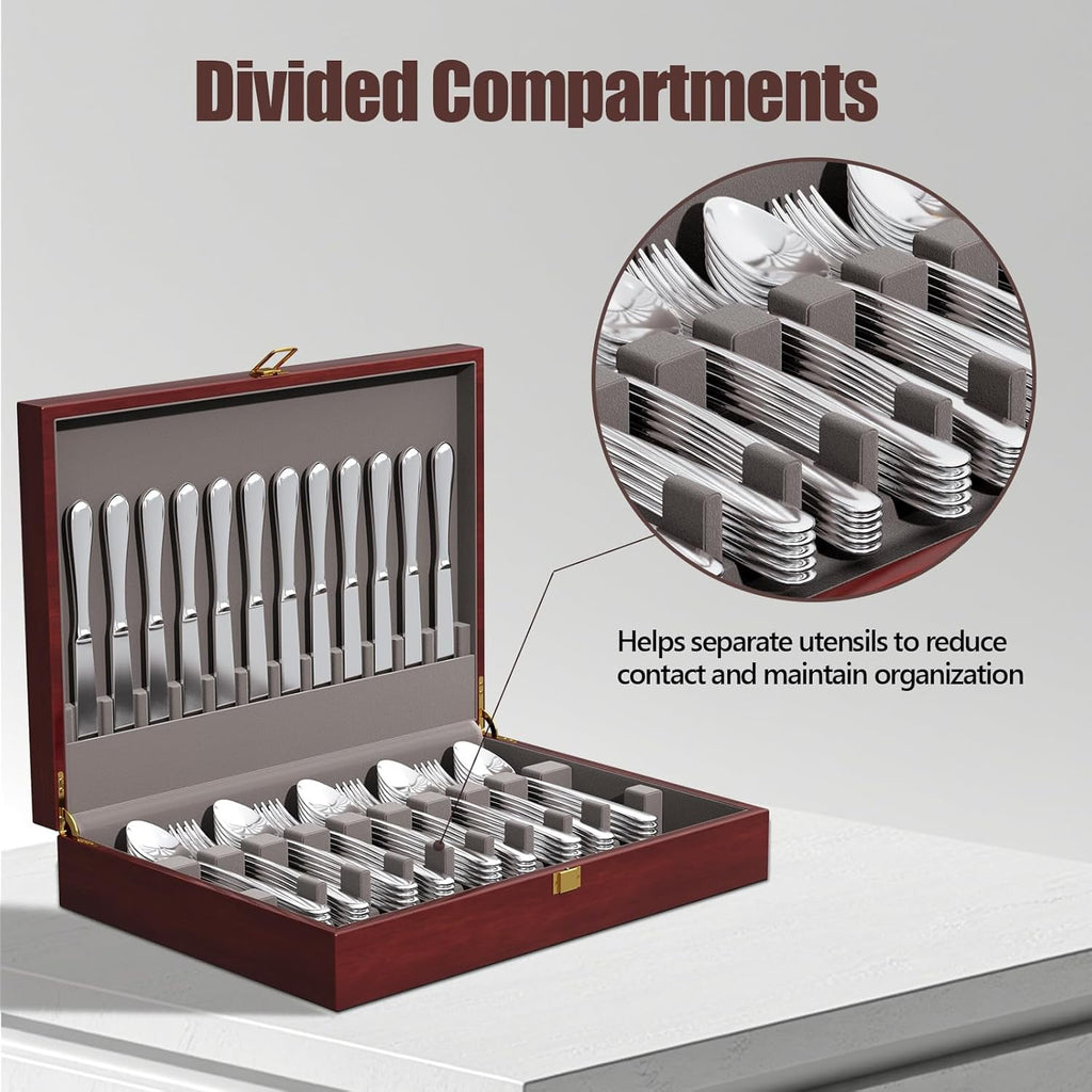 Mahogany Wood Silverware Storage Box,Silverware Case Flatware Chest with Felt Lined,Flatware Storage Box for 12 sets of Utensils,Silverware Chest without Silverware,Silverware Organizer with Lid