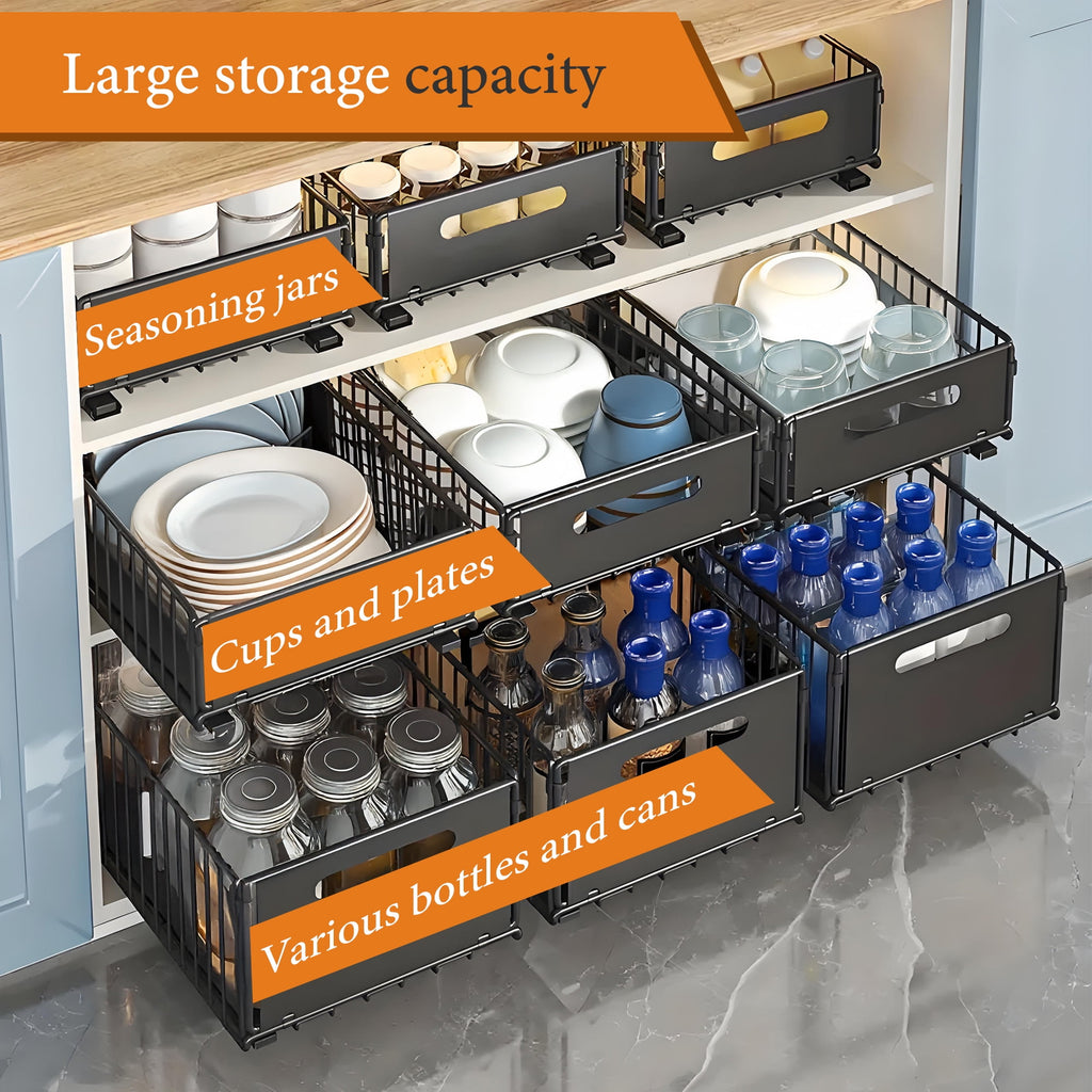 2 Pack Tall Height Pull Out Cabinet Organizer, Metal Slide Out Drawers, Under Sink Organizer, No Drill Spice Rack Cabinet for Kitchen, Bathroom