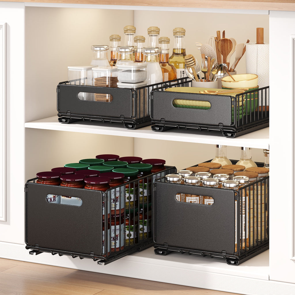 2 Pack Tall Height Pull Out Cabinet Organizer, Metal Slide Out Drawers, Under Sink Organizer, No Drill Spice Rack Cabinet for Kitchen, Bathroom