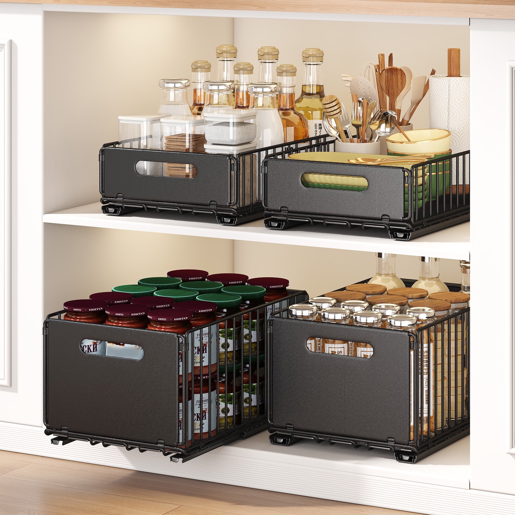 2 Pack Tall Height Pull Out Cabinet Organizer, Metal Slide Out Drawers, Under Sink Organizer, No Drill Spice Rack Cabinet for Kitchen, Bathroom