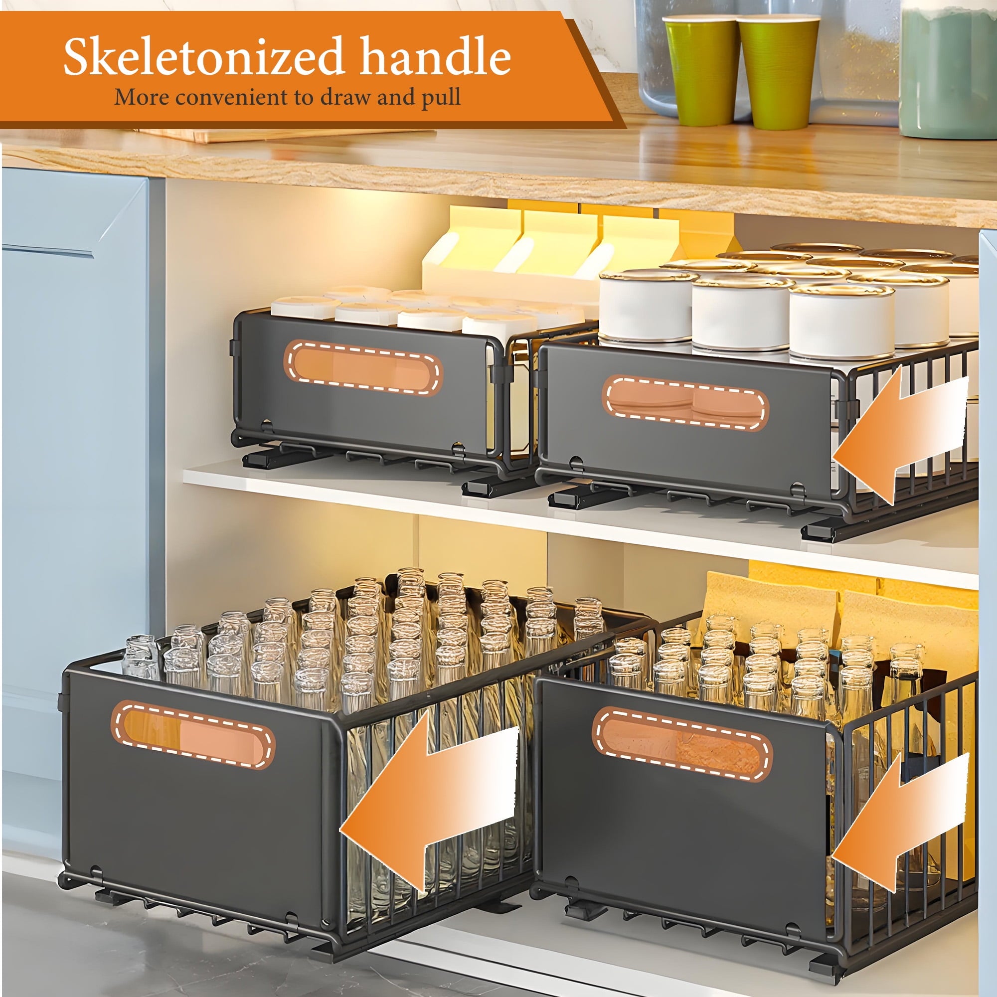 2 Pack Tall Height Pull Out Cabinet Organizer, Metal Slide Out Drawers, Under Sink Organizer, No Drill Spice Rack Cabinet for Kitchen, Bathroom
