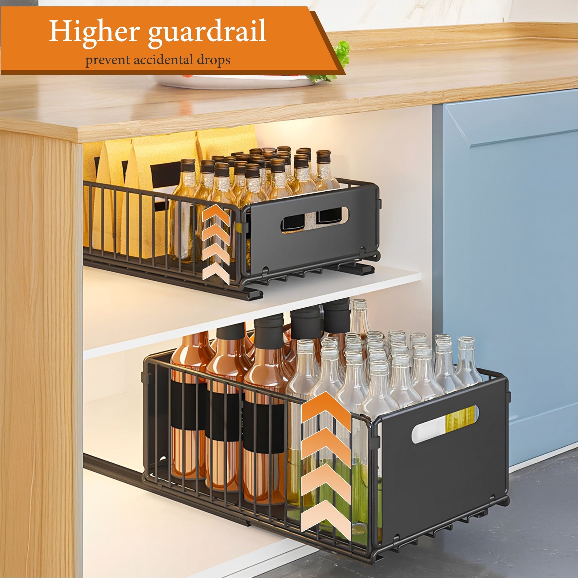 2 Pack Tall Height Pull Out Cabinet Organizer, Metal Slide Out Drawers, Under Sink Organizer, No Drill Spice Rack Cabinet for Kitchen, Bathroom