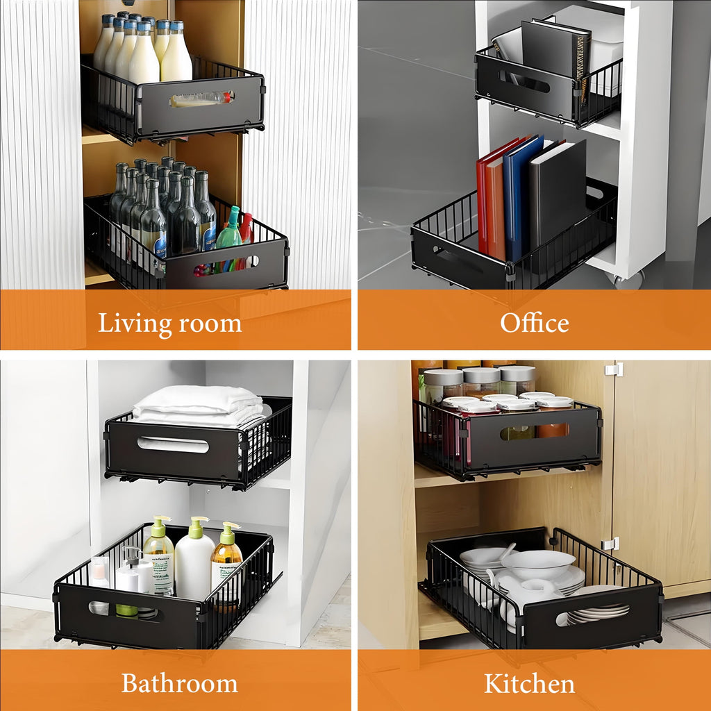 2 Pack Tall Height Pull Out Cabinet Organizer, Metal Slide Out Drawers, Under Sink Organizer, No Drill Spice Rack Cabinet for Kitchen, Bathroom