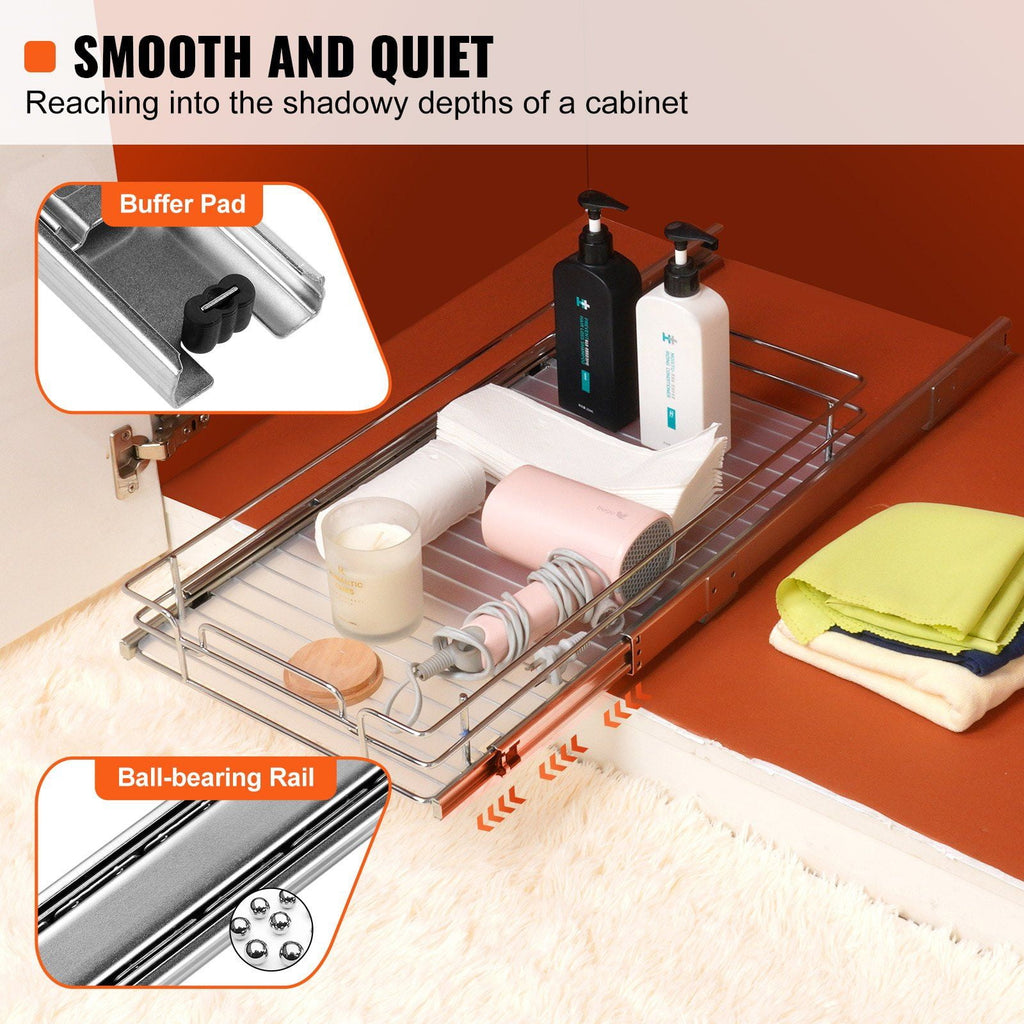 Pull Out Cabinet Organizer 11x21", Heavy Duty Slide Out Pantry Shelves, Chrome Roll Out Drawers, Kitchen Cabinet, Bathroom, Under Sink Storage
