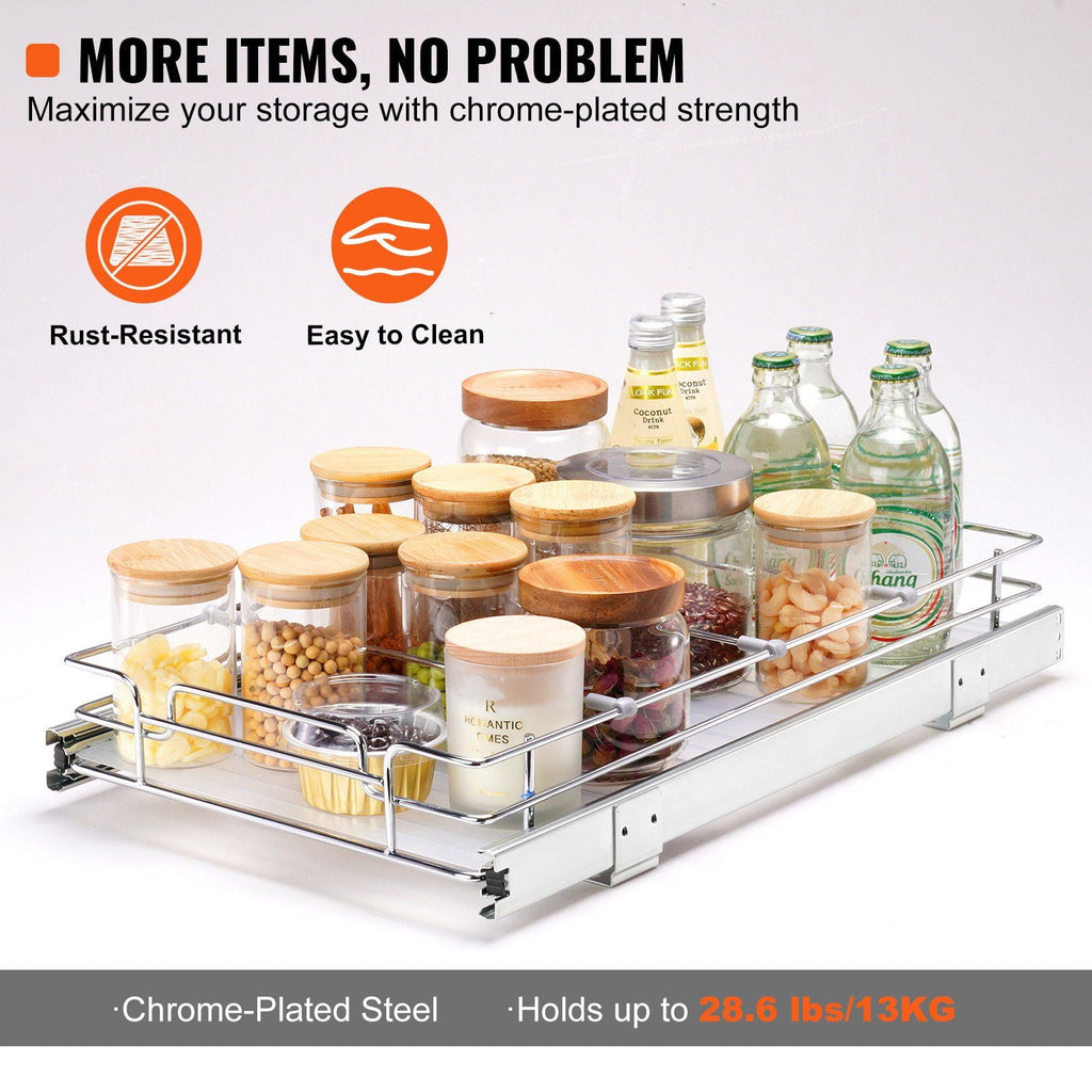 Pull Out Cabinet Organizer 11x21", Heavy Duty Slide Out Pantry Shelves, Chrome Roll Out Drawers, Kitchen Cabinet, Bathroom, Under Sink Storage