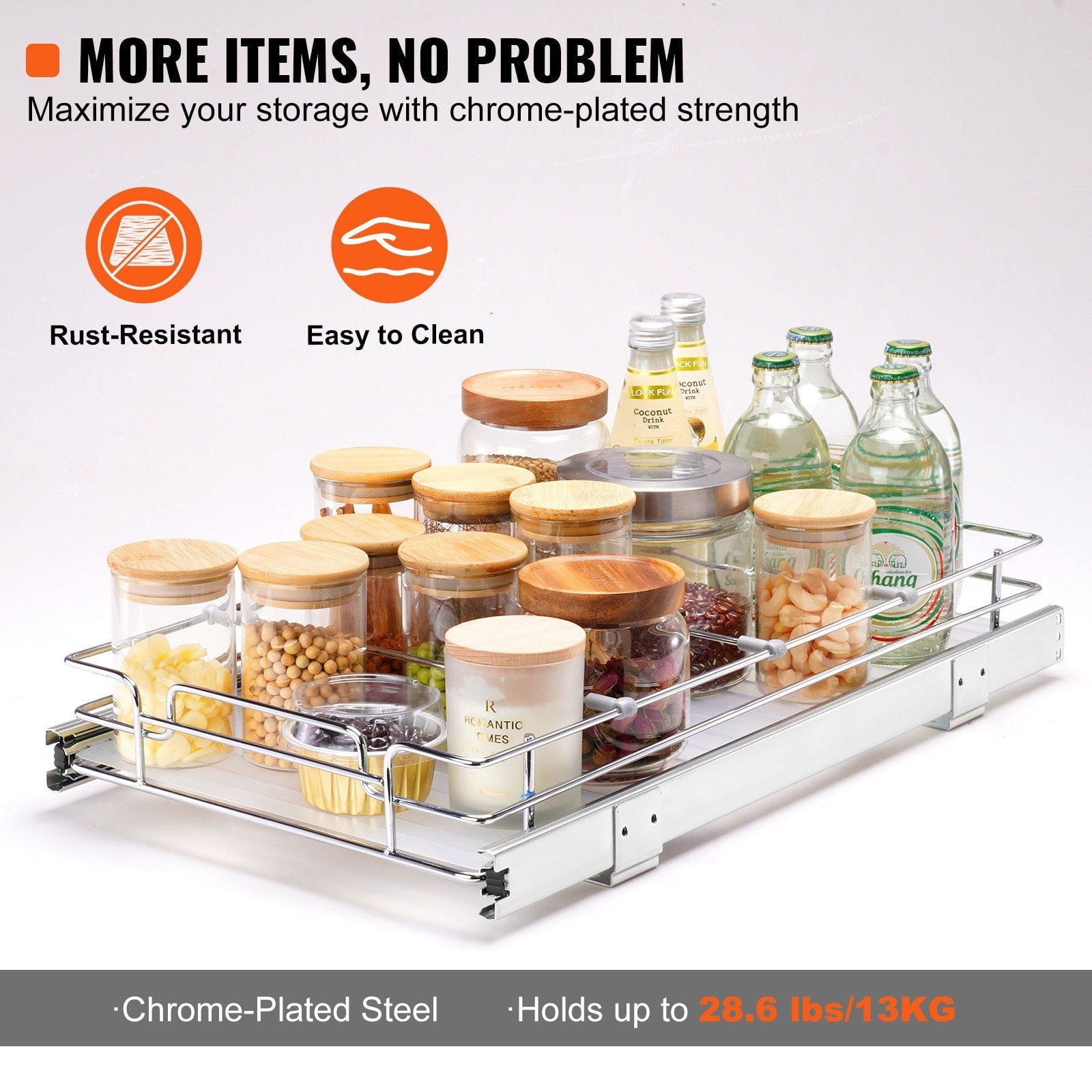 Pull Out Cabinet Organizer 11x21", Heavy Duty Slide Out Pantry Shelves, Chrome Roll Out Drawers, Kitchen Cabinet, Bathroom, Under Sink Storage