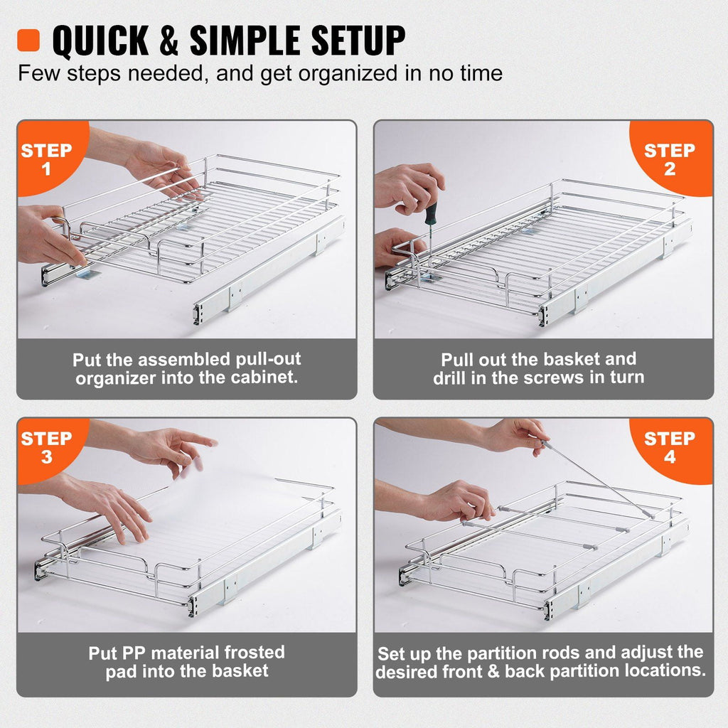Pull Out Cabinet Organizer 11x21", Heavy Duty Slide Out Pantry Shelves, Chrome Roll Out Drawers, Kitchen Cabinet, Bathroom, Under Sink Storage